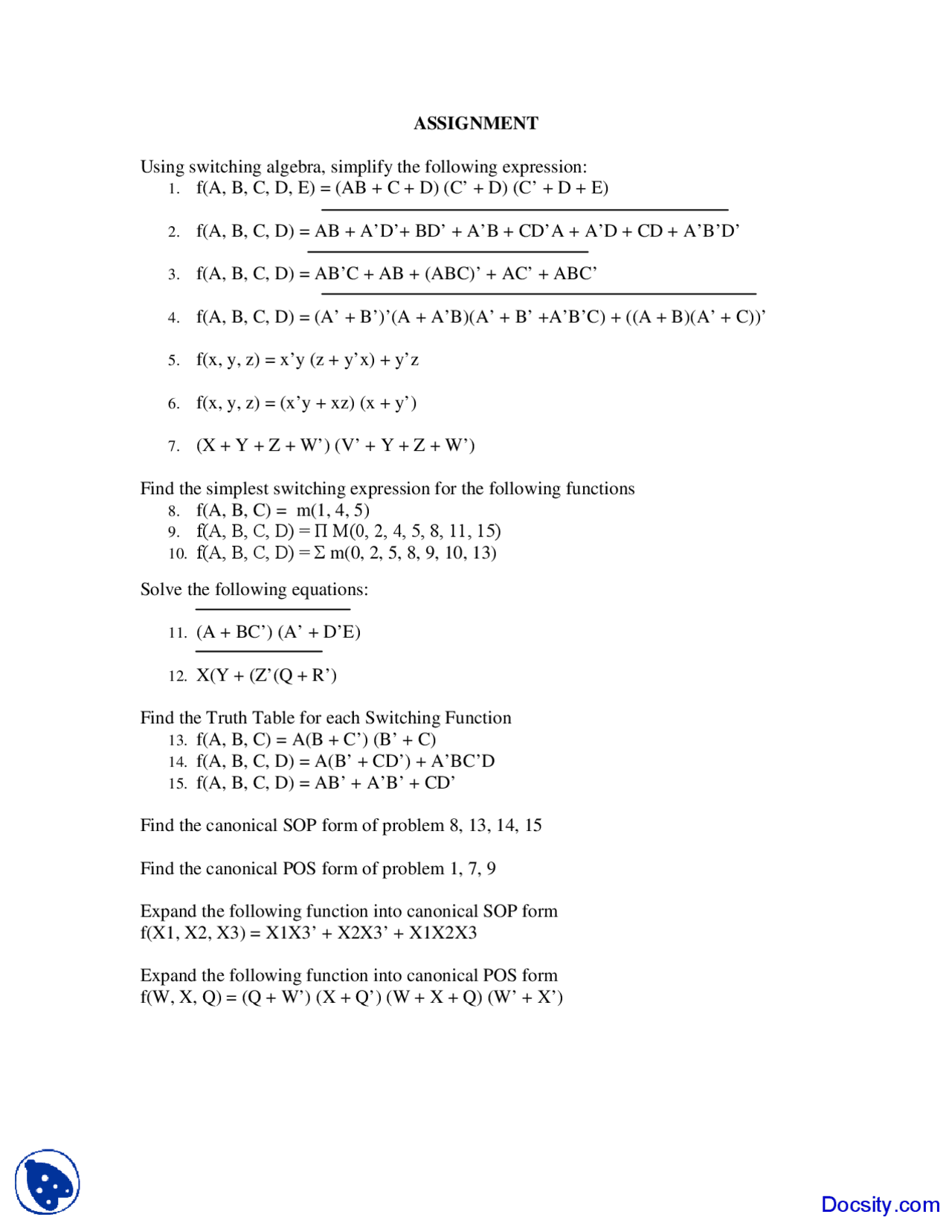 Truth Table - Introduction to Logic Design - Assignment Questions - Docsity