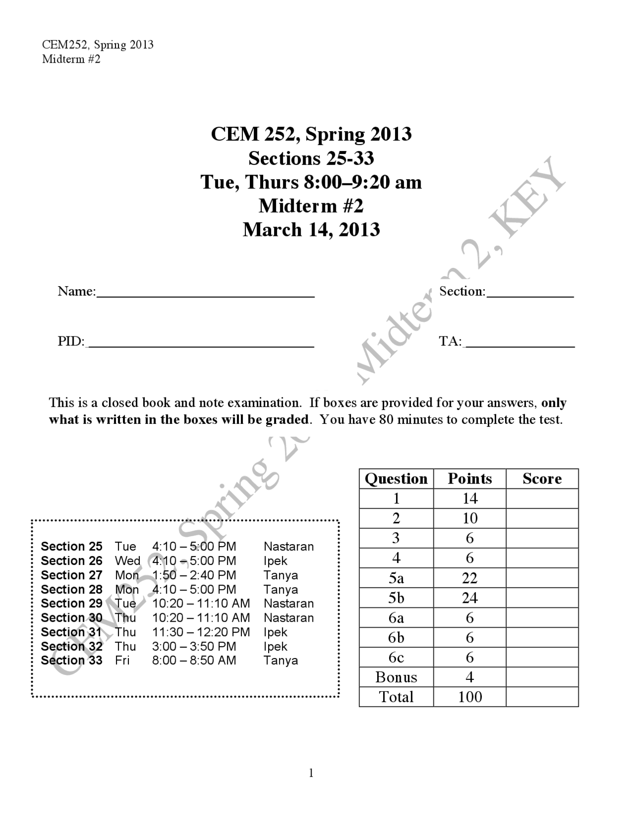 Questions for Midterm Exam 2 - Organic Chemistry II | CEM 252 - Docsity