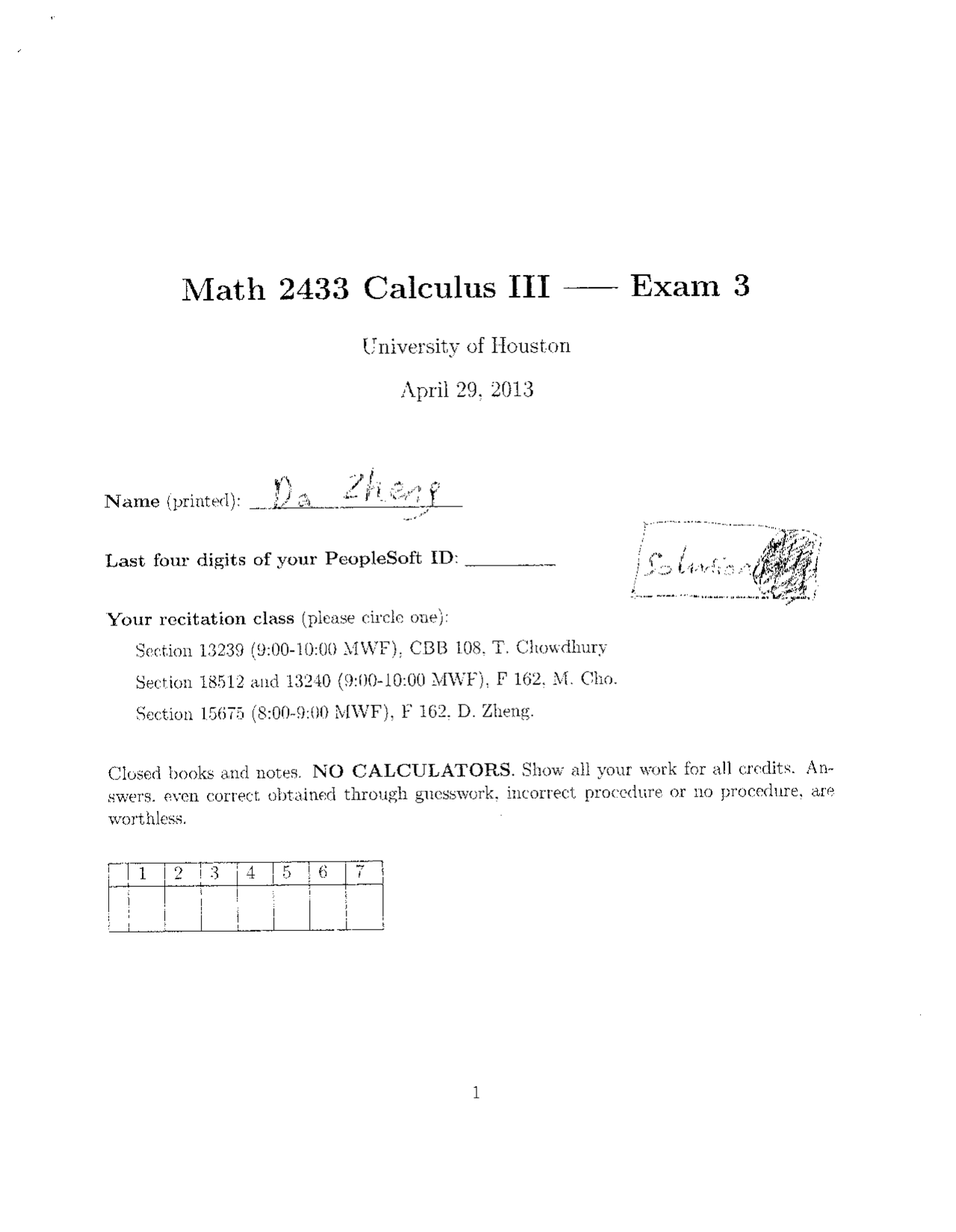 7 Solved Questions on Calculus III - Exam 3 | MATH 2433 - Docsity