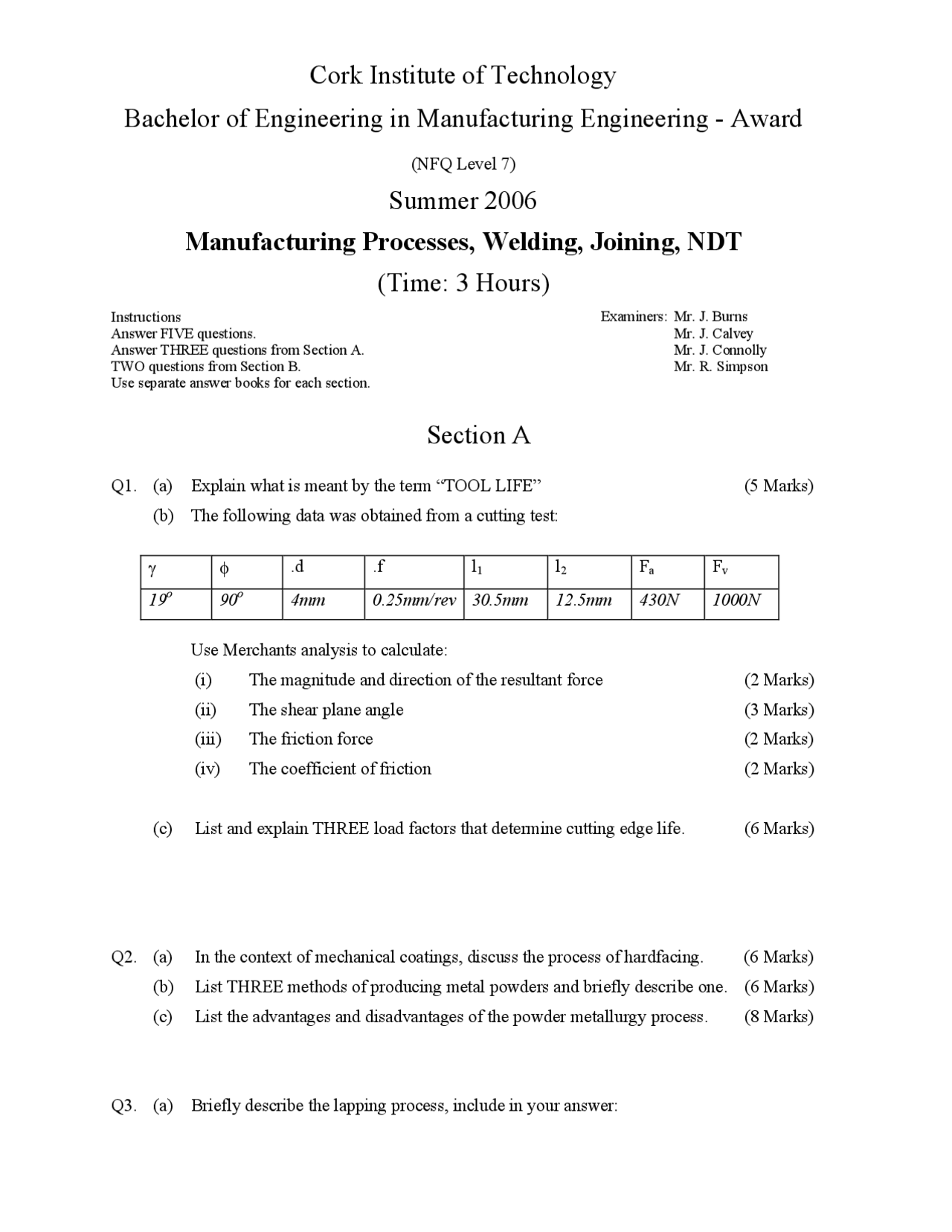 Simple Manufacturing Test Question Typical Applications - Manufacturing Processes - Past Exam Paper ...