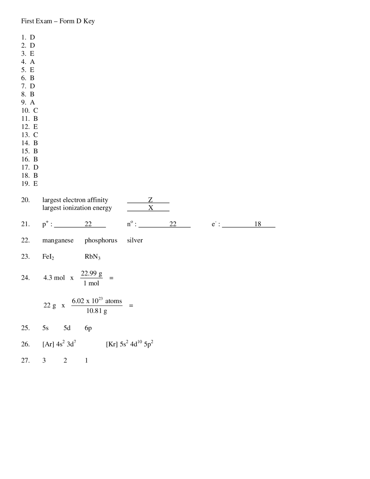 First Exam with Answer Key - Chemistry: A Molecular Science | CH 101 ...