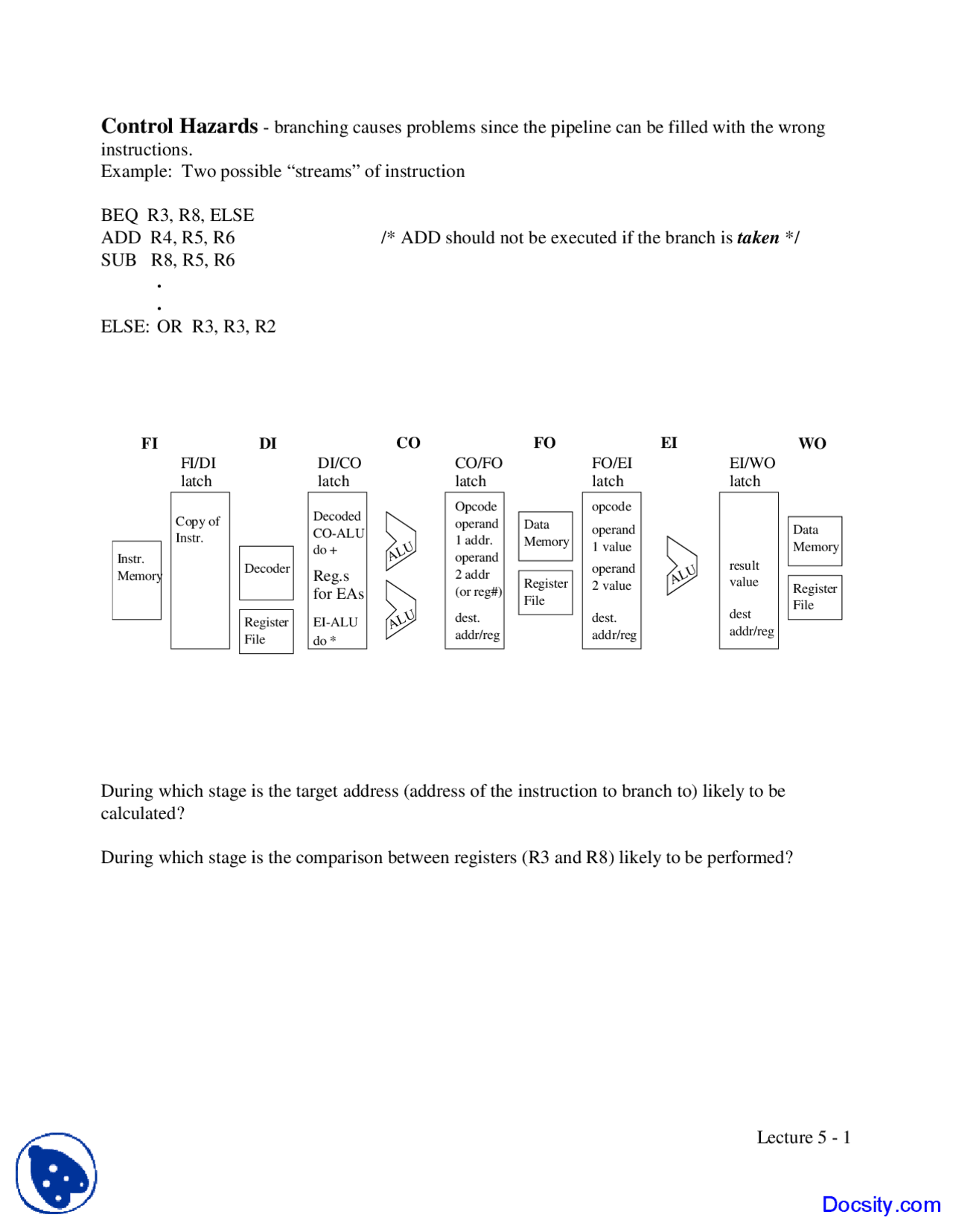 Control Hazards - Intro to Computer Architecture - Lecture Notes ...