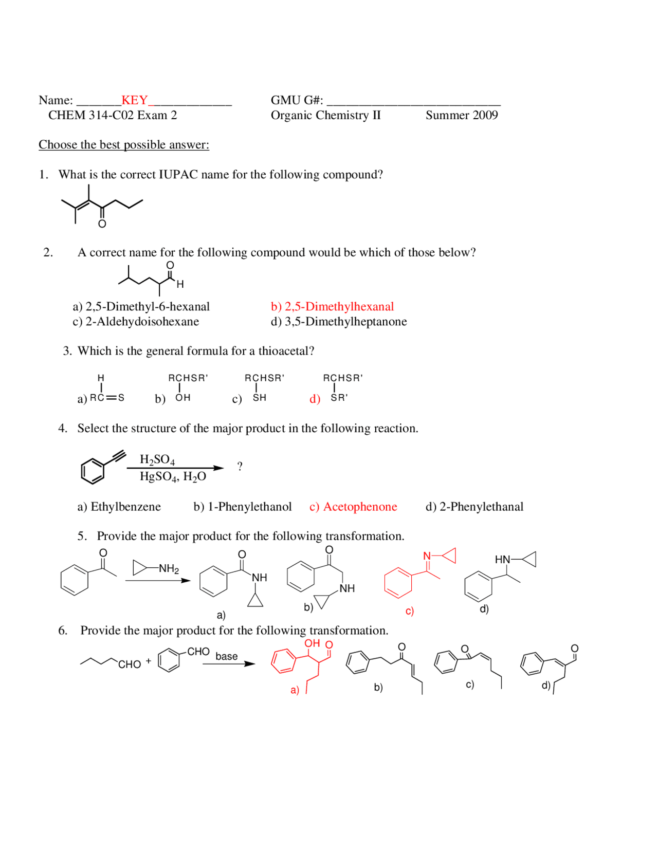 Exam 2 Solution Key - Organic Chemistry II - Summer 2009 | CHEM 314 ...