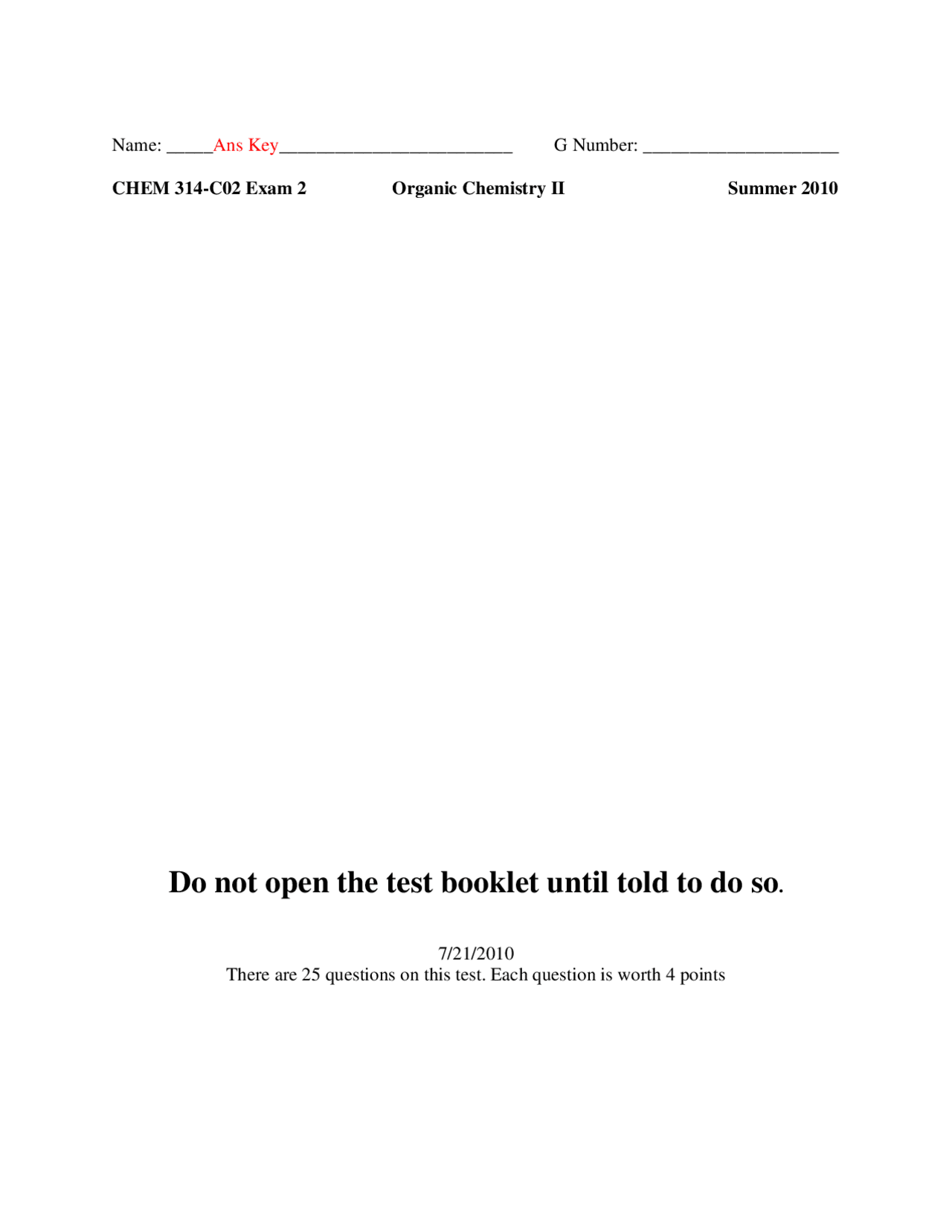 Organic Chemistry II - Answer Key for Exam 2 | CHEM 314 - Docsity