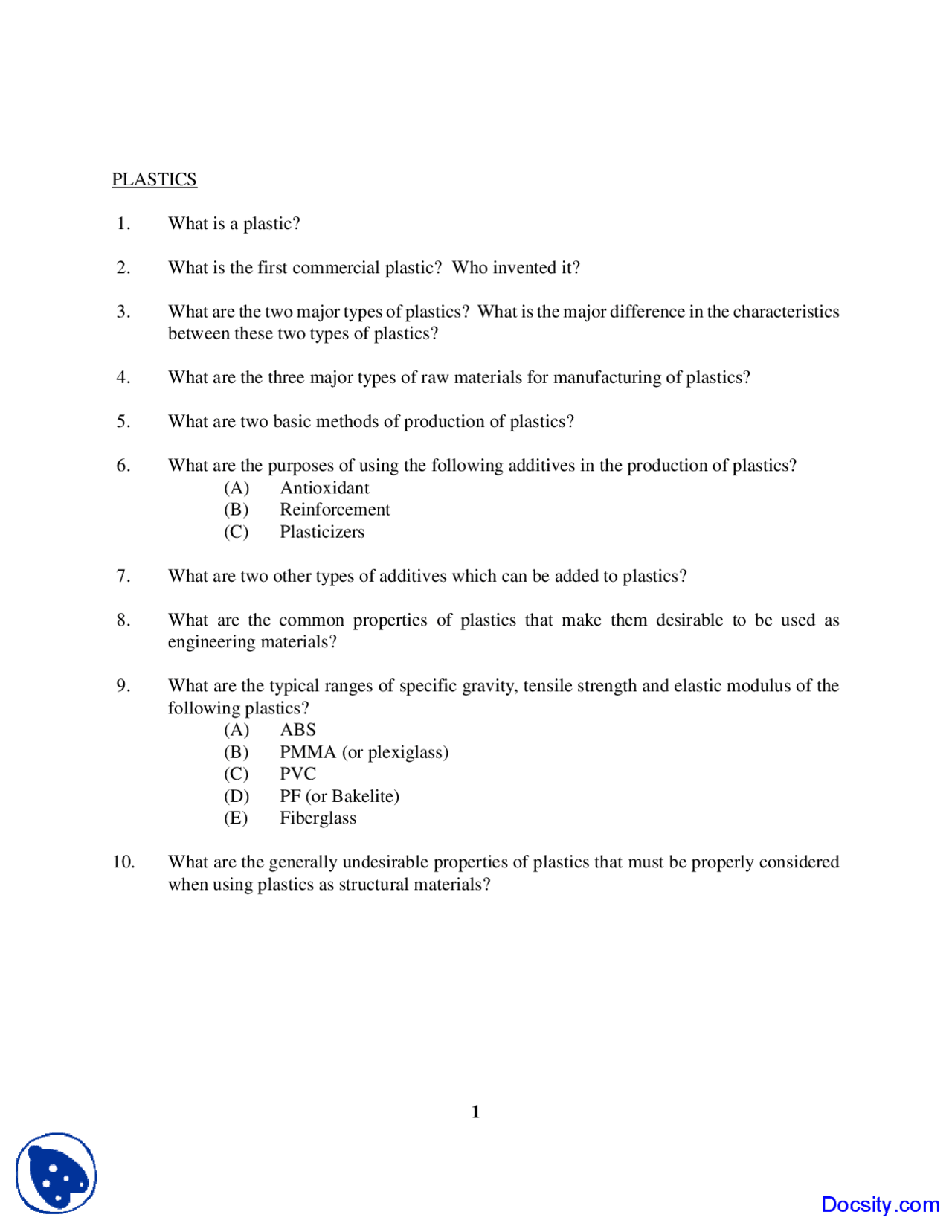 Plastic - Civil Engineering - Quiz - Docsity