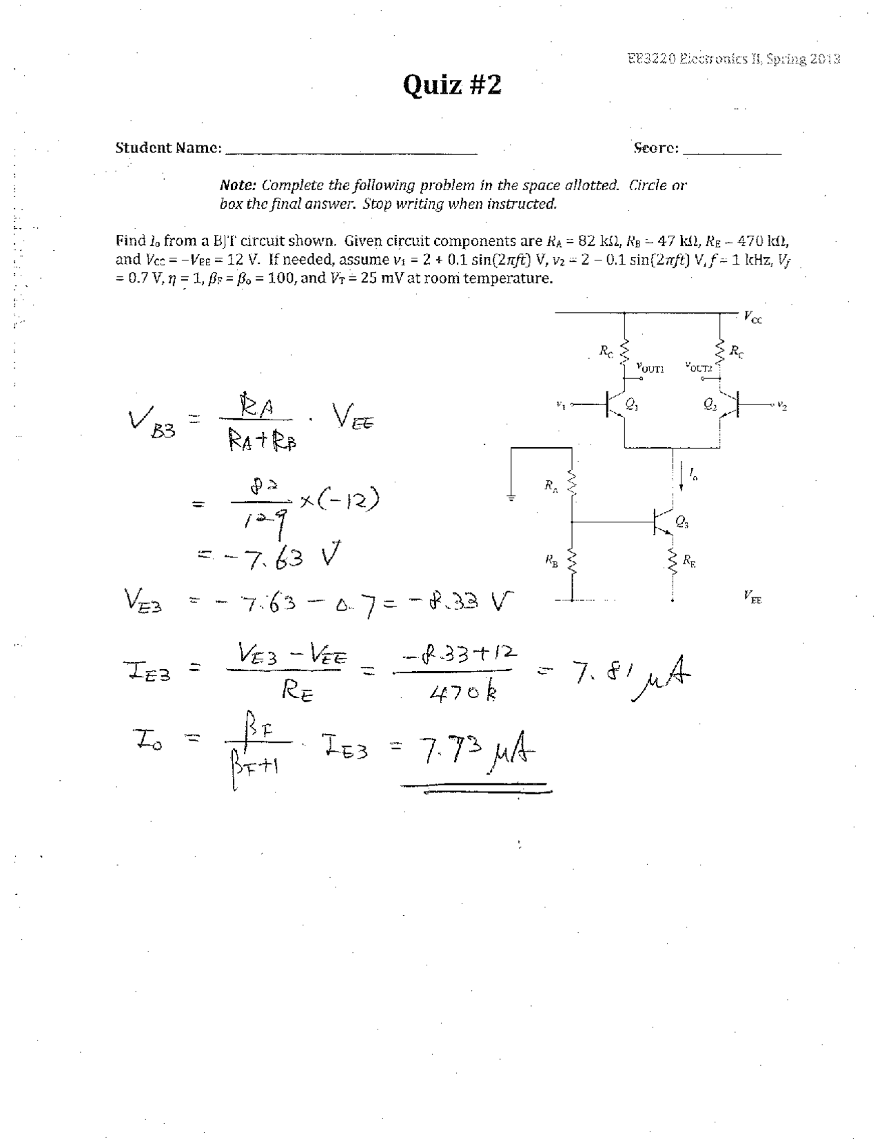 1 Solved Question in Electronics II - Quiz 2 | EE 3220 - Docsity
