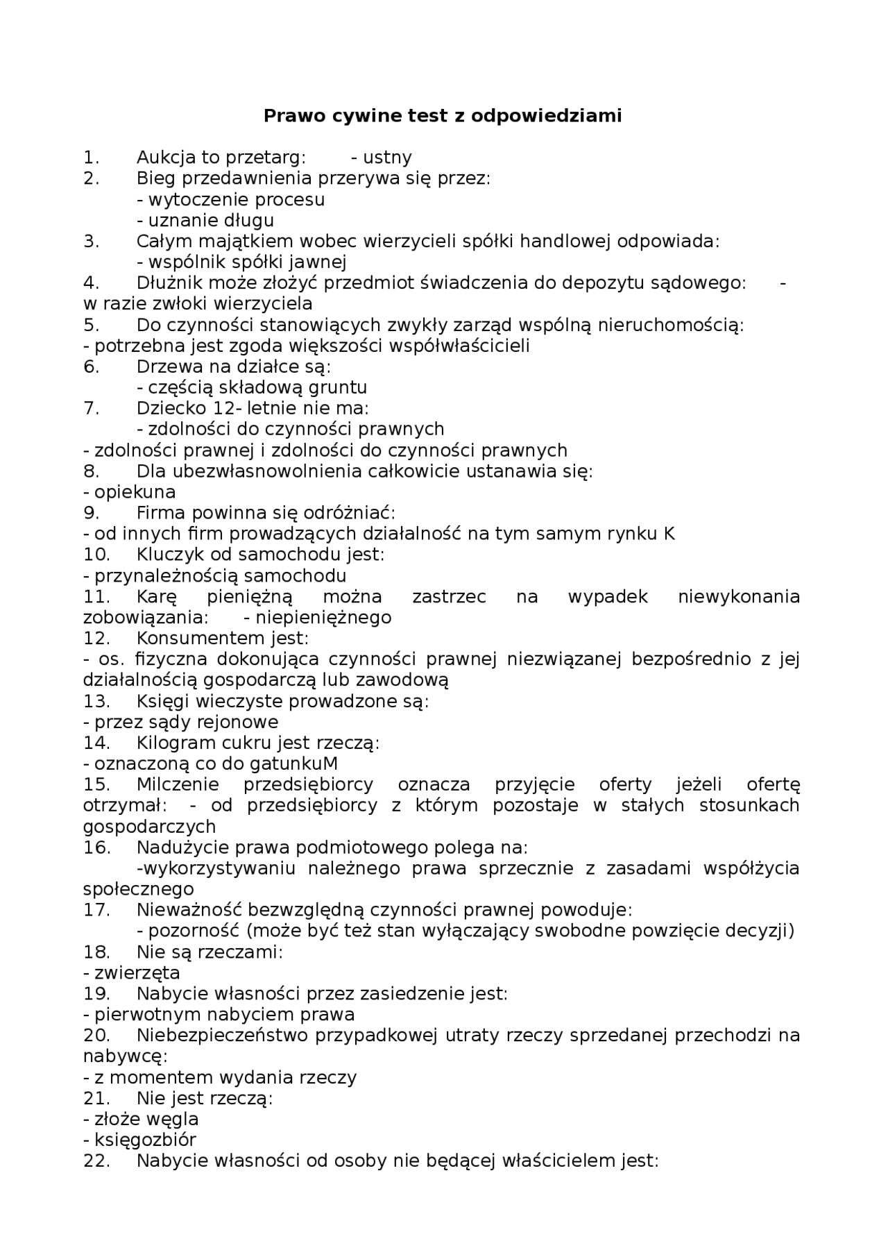 Prawo cywine test z odpowiedziami - Notatki - Prawo | Notatki