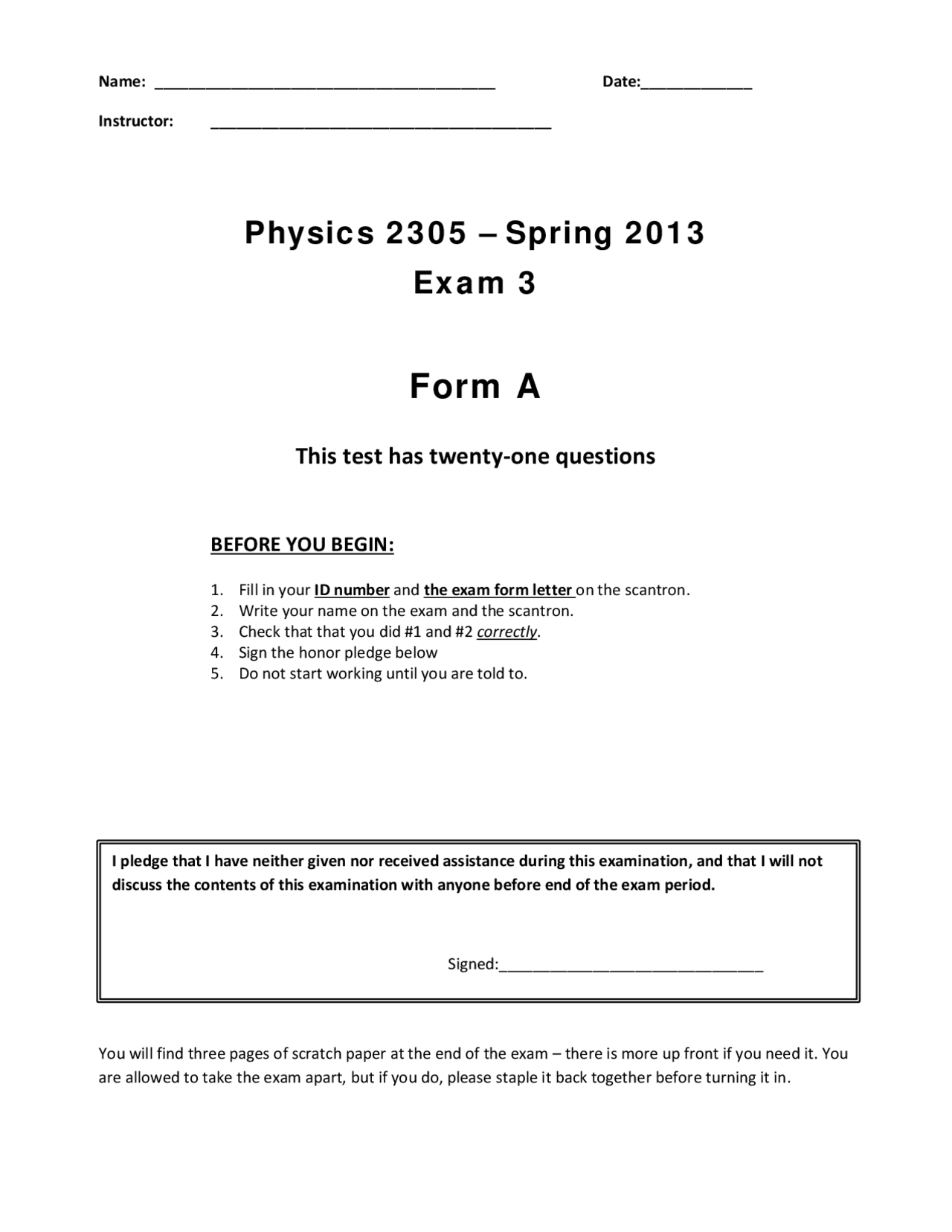 Exam 3 Questions - Foundations of Physics I | PHYS 2305 - Docsity
