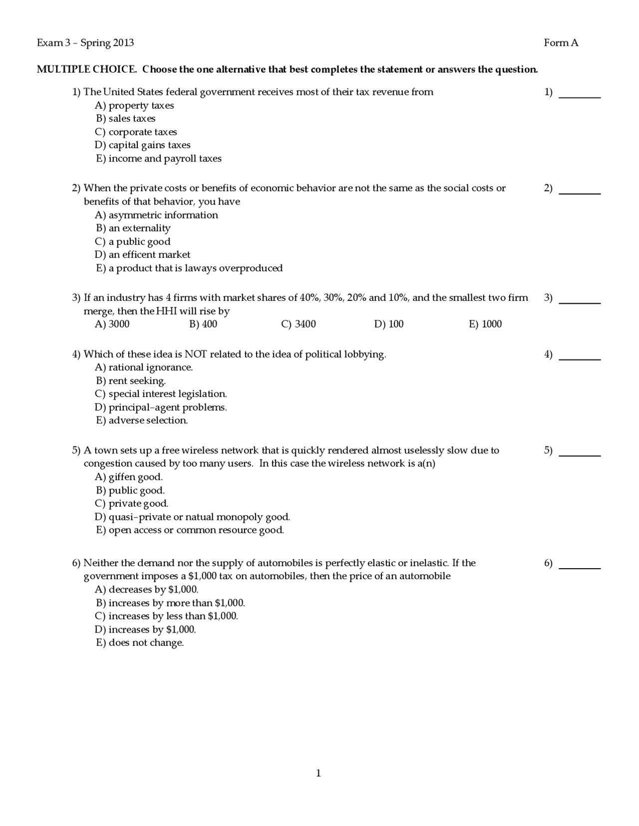 Practice Questions for Exam 3 - Principles of Economics | ECON 2005 ...