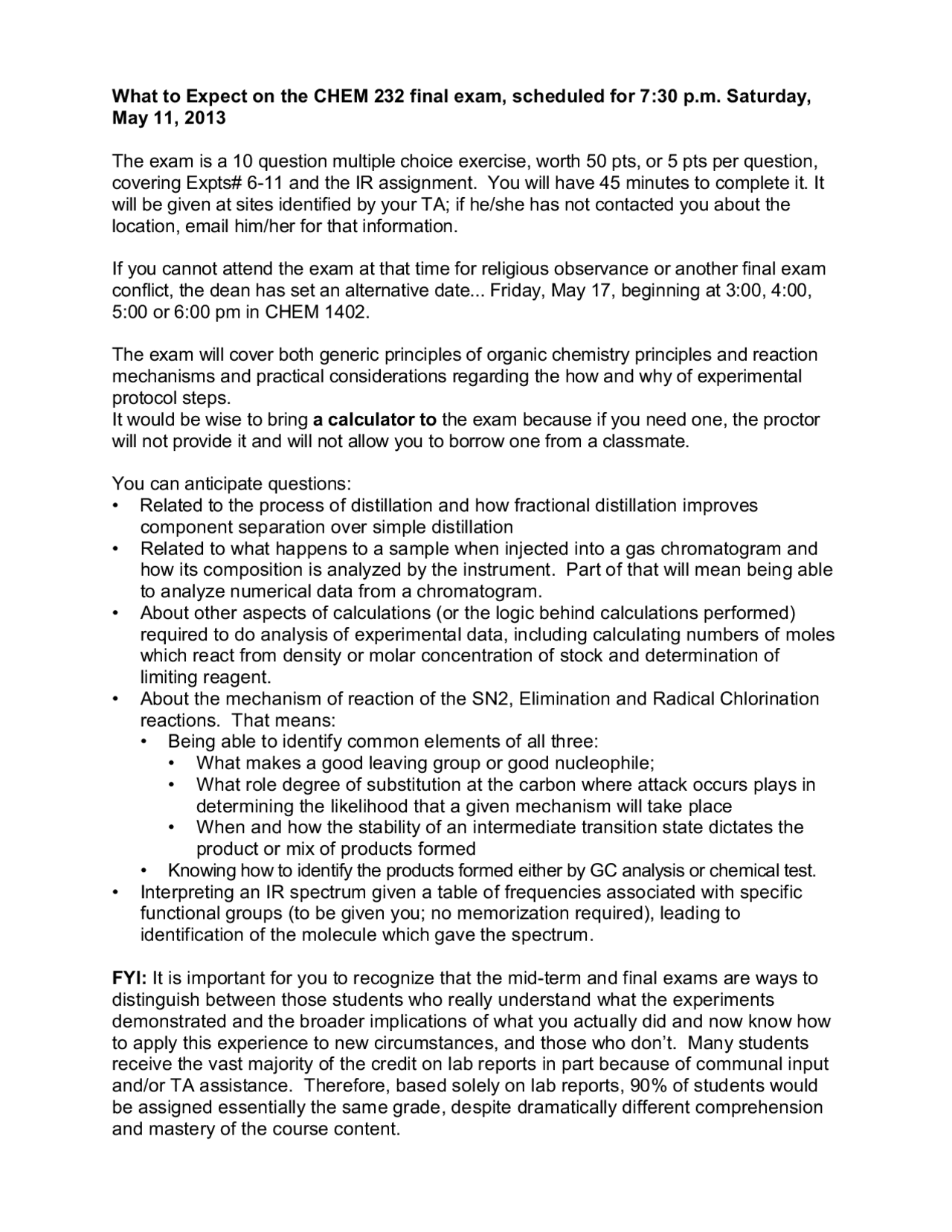 Final Exam Study Guide - Organic Chemistry Lab I | CHEM 232 - Docsity