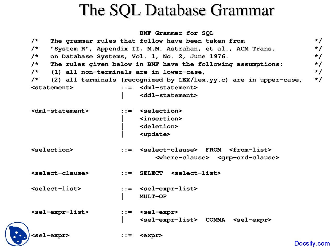 SQL Database Grammar - Programming Language Translation - Lecture ...