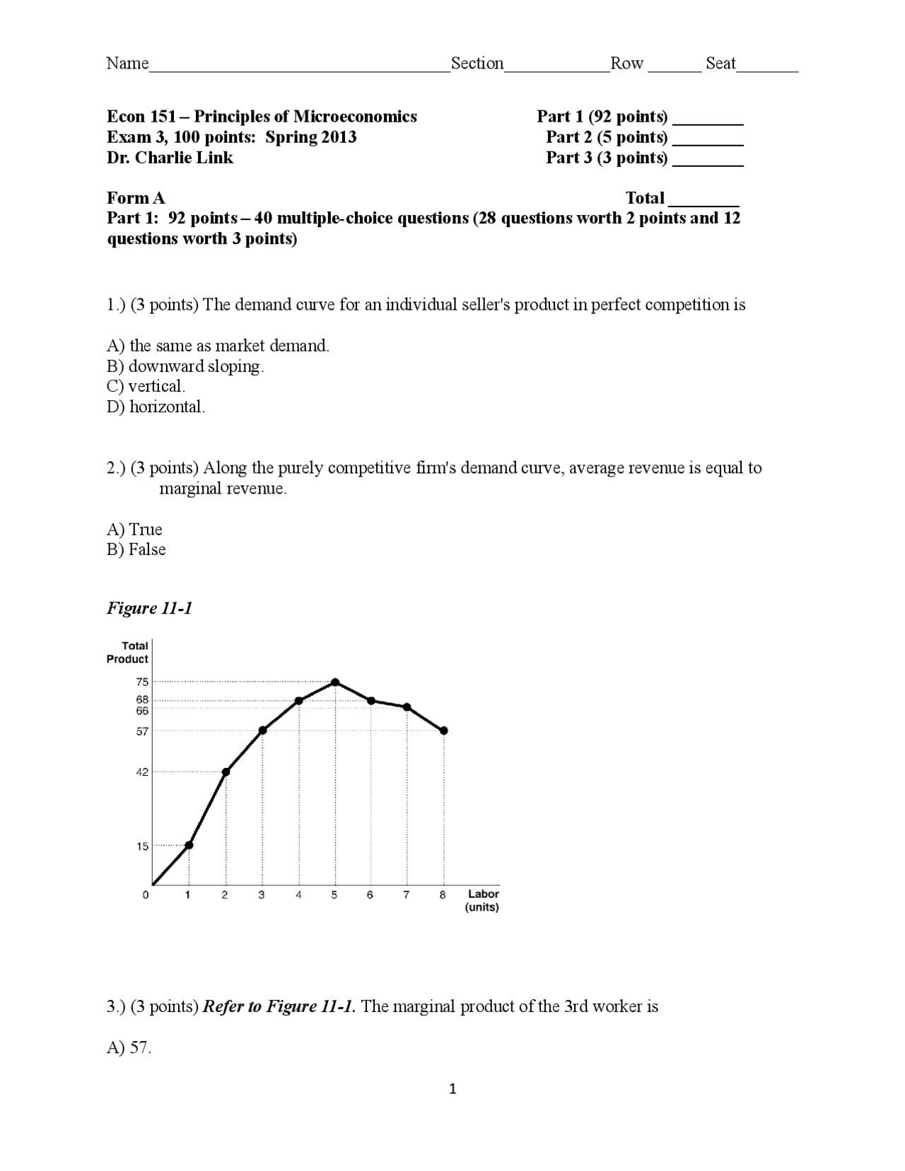 econ 151: macroeconomics Images High Quality Grahic Exam 3 Form A with Answer Key - Microeconomics: Prices and Markets ...