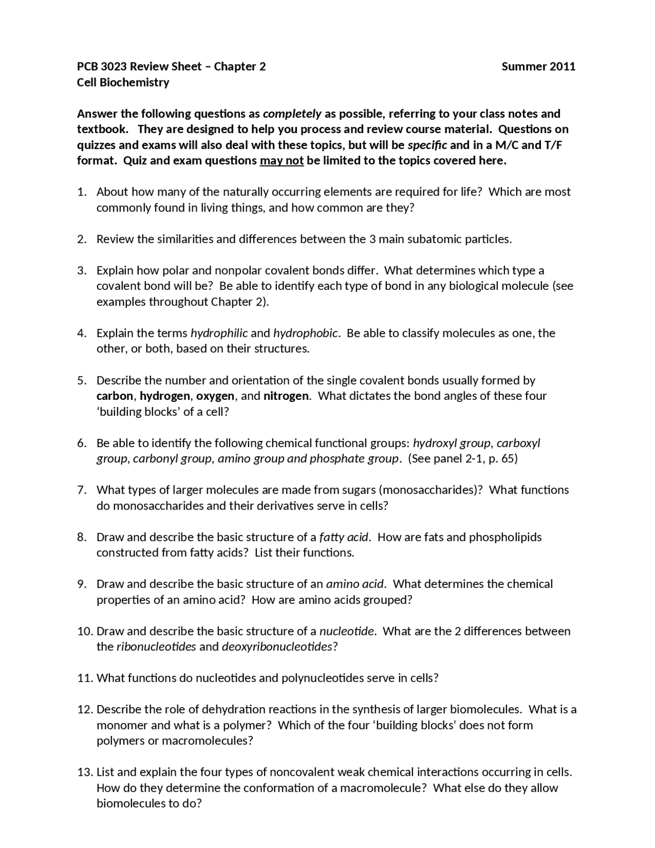 Review Sheet for Exam - Cell Biology | PCB 3023 - Docsity