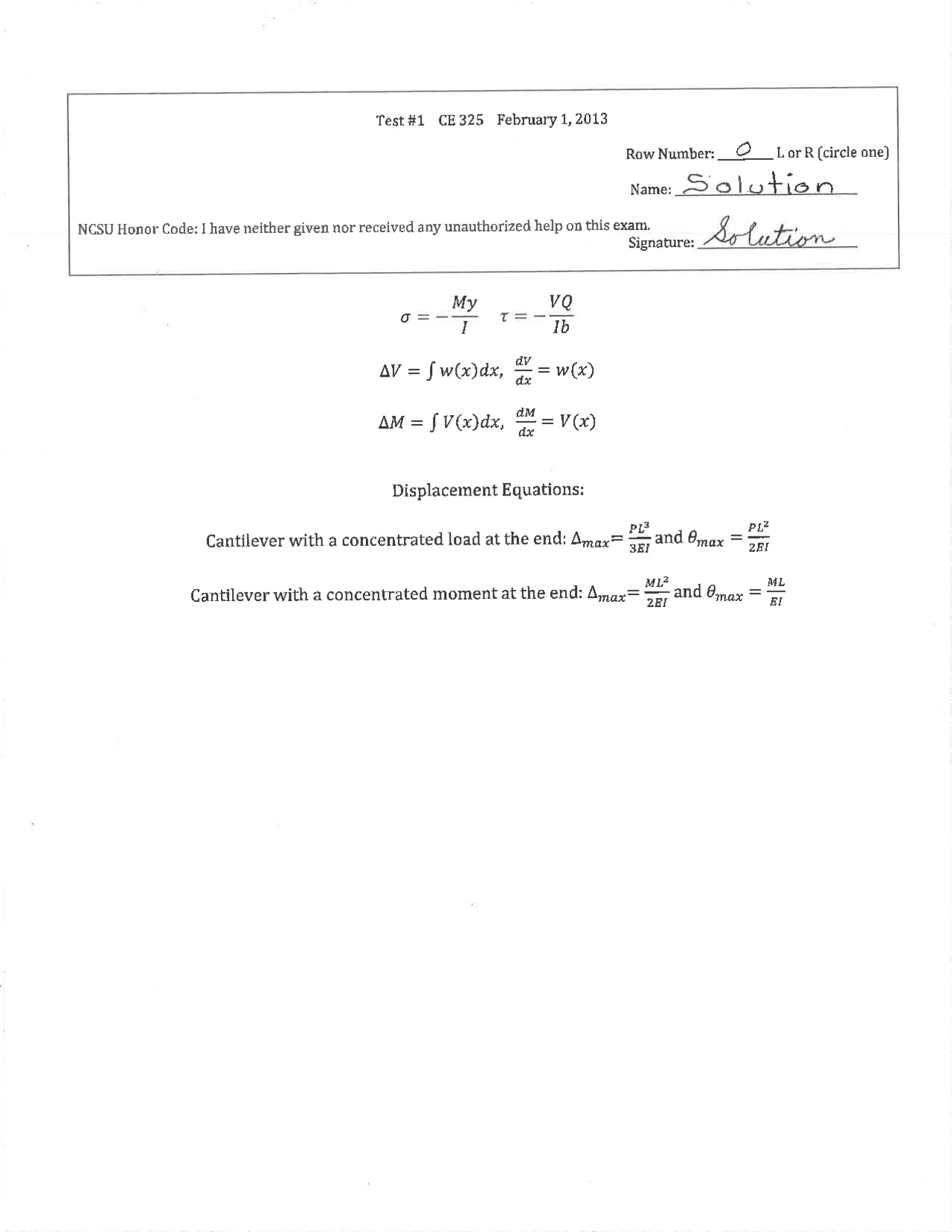 Exam 1, Displacement Equation - Structural Analysis I | CE 325 | Exams ...