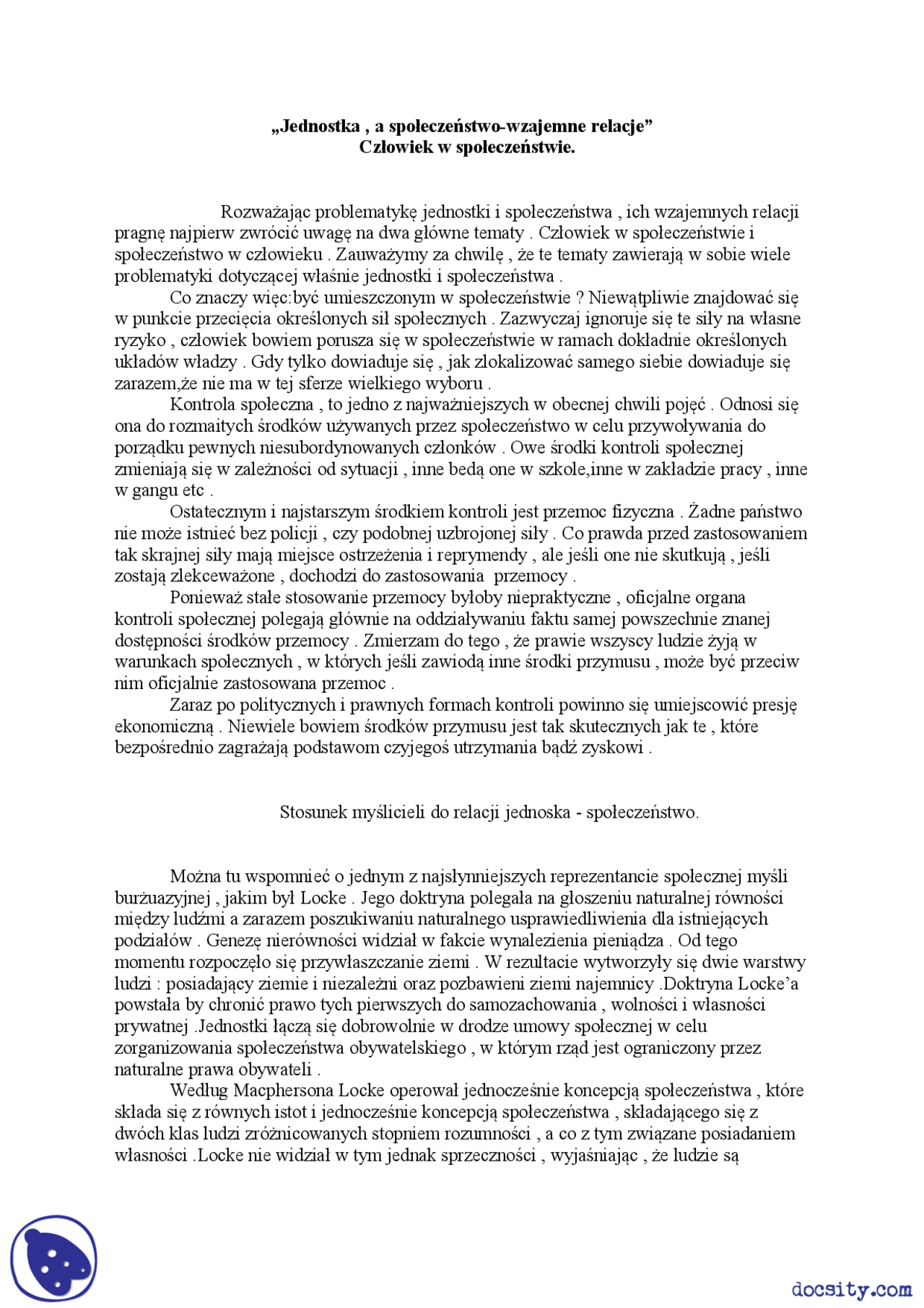 Jednostka a społeczeństwo, wzajemne relacje w społeczeństwie - Docsity