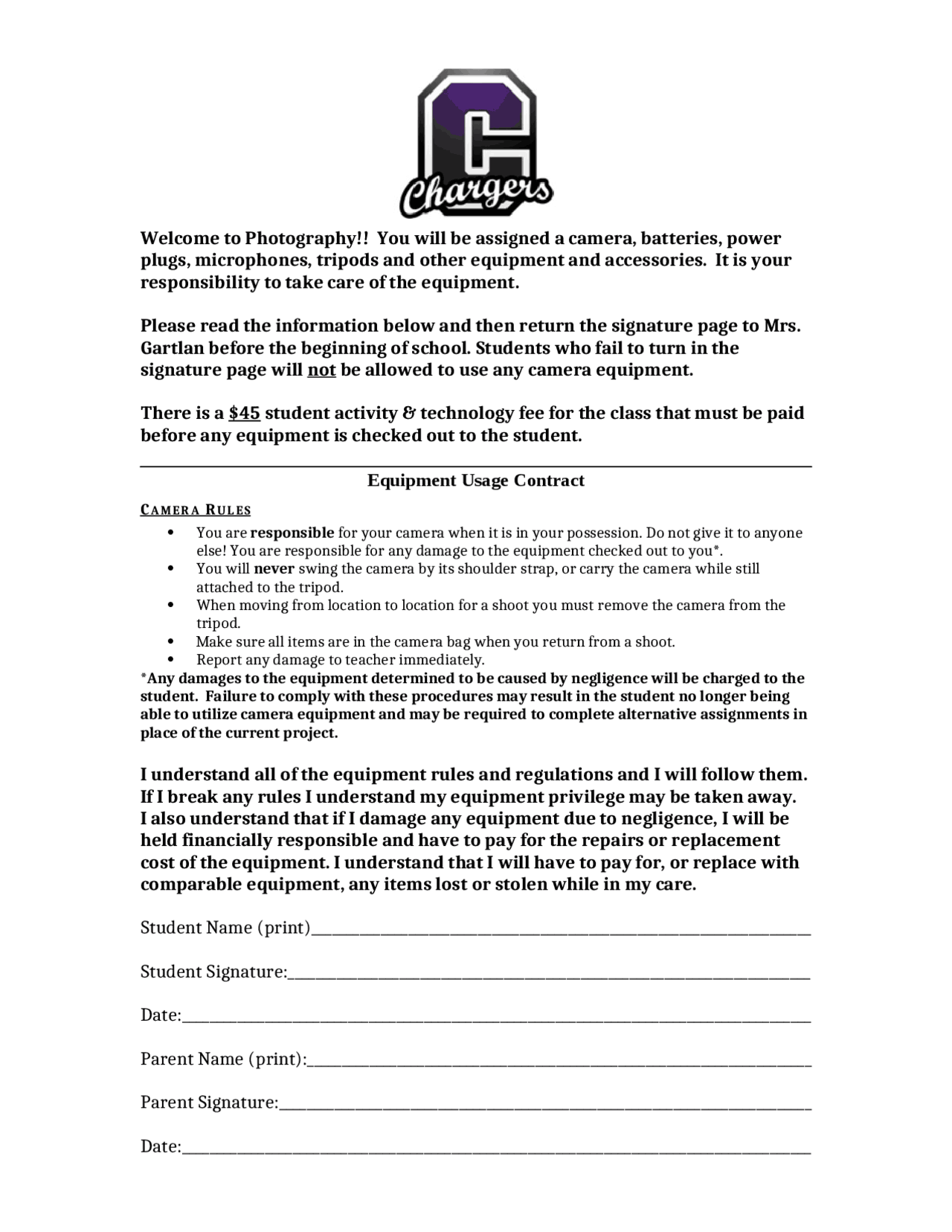 Camera Contract Usage Camera Rules and Equipment Usage Contract in Photography | AAEC 1005 ...