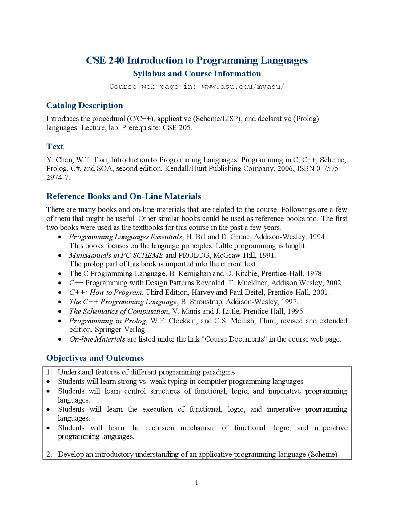 Syllabus Course on Introducing to Programming Languages | CSE 240 - Docsity