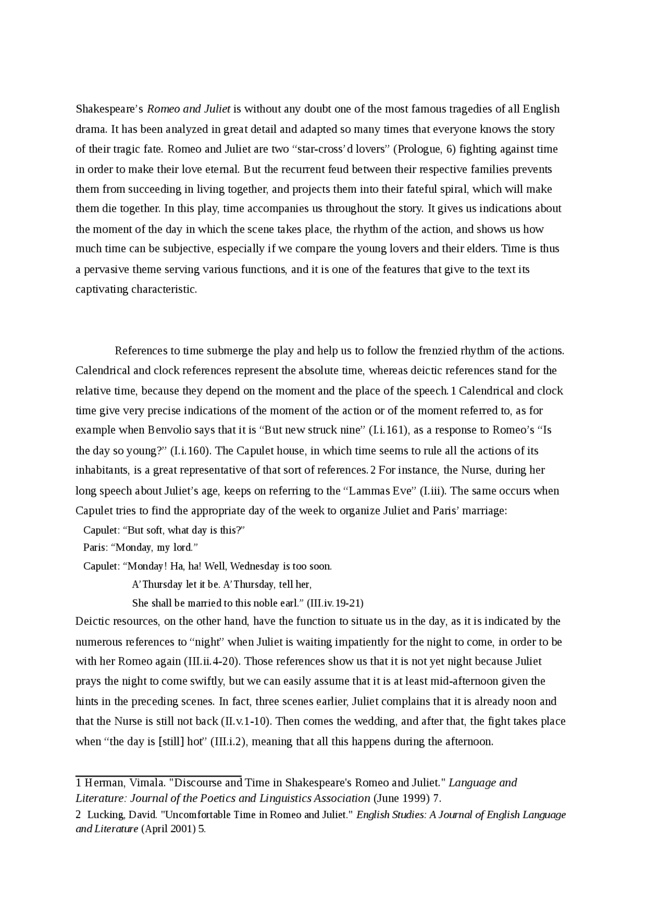 Time in Romeo and Juliet - Docsity