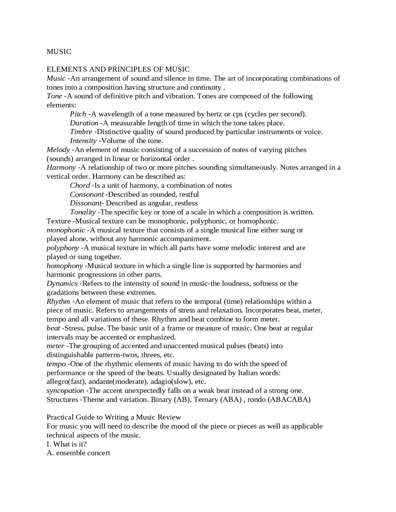 Notes on Music Critique - Introduction to Fine Arts | DAN 2313 - Docsity