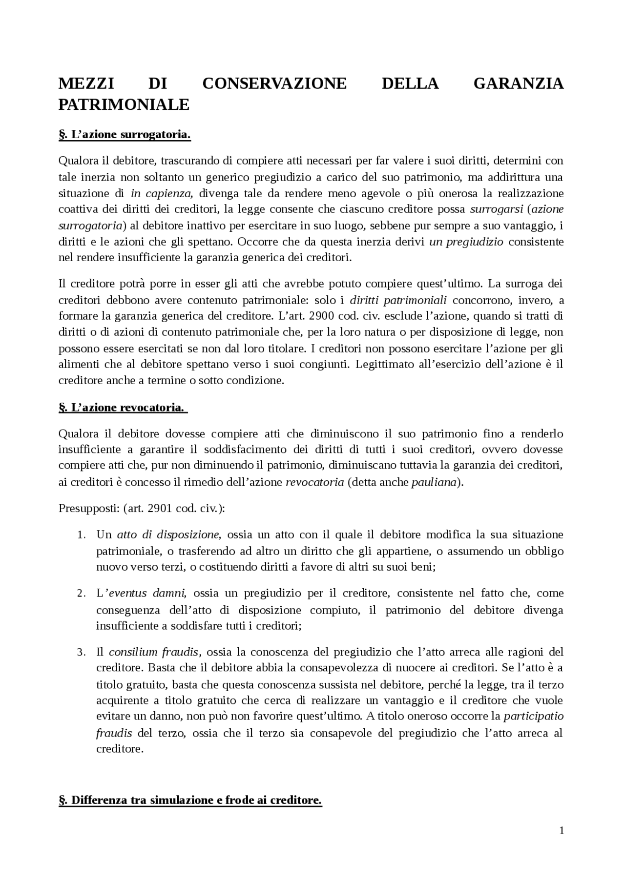 MEZZI DI CONSERVAZIONE DELLA GARANZIA PATRIMONIALE Docsity MEZZI DI CONSERVAZIONE DELLA GARANZIA PATRIMONIALE Docsity
