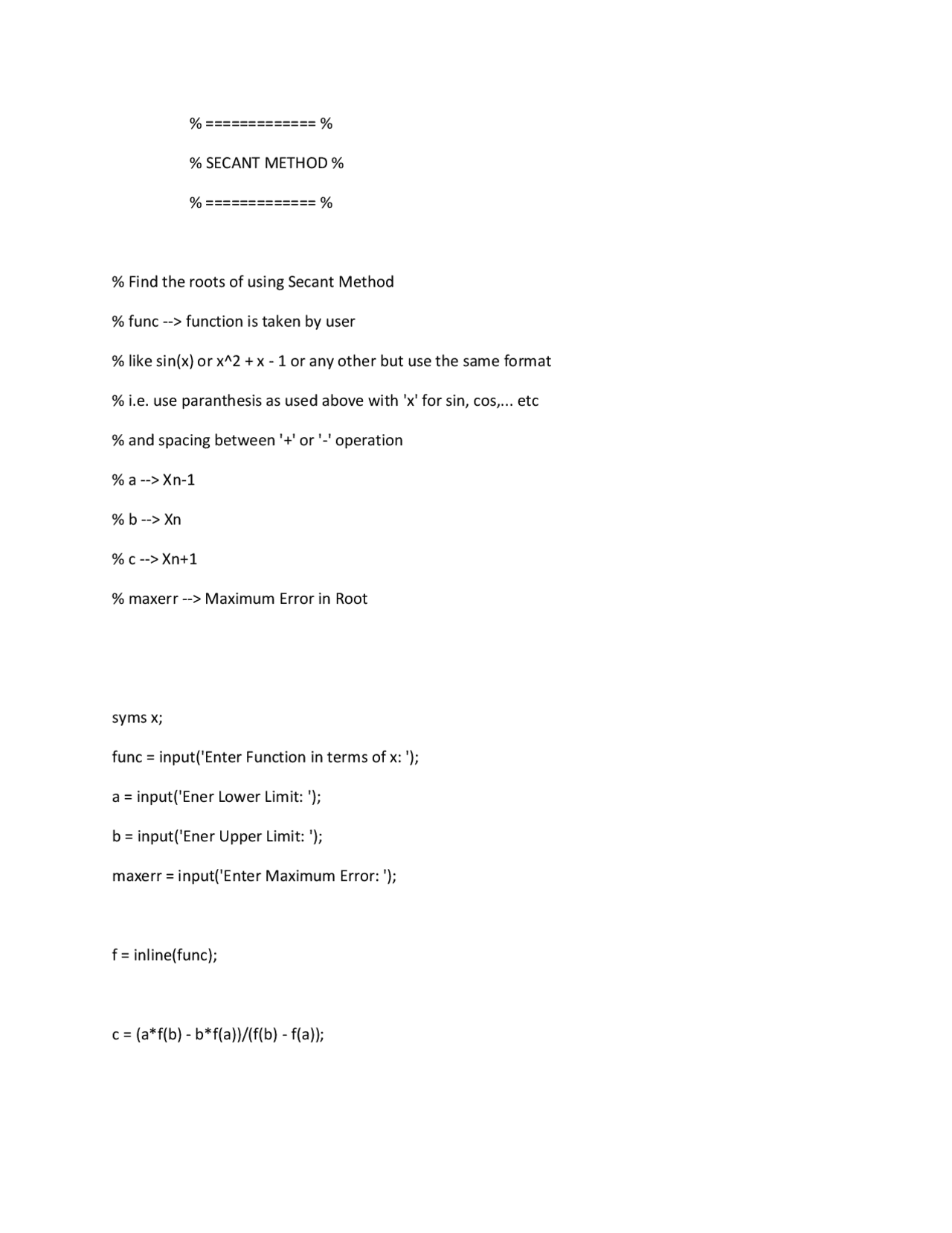 Secant Method - Matlab Code - M File - Docsity