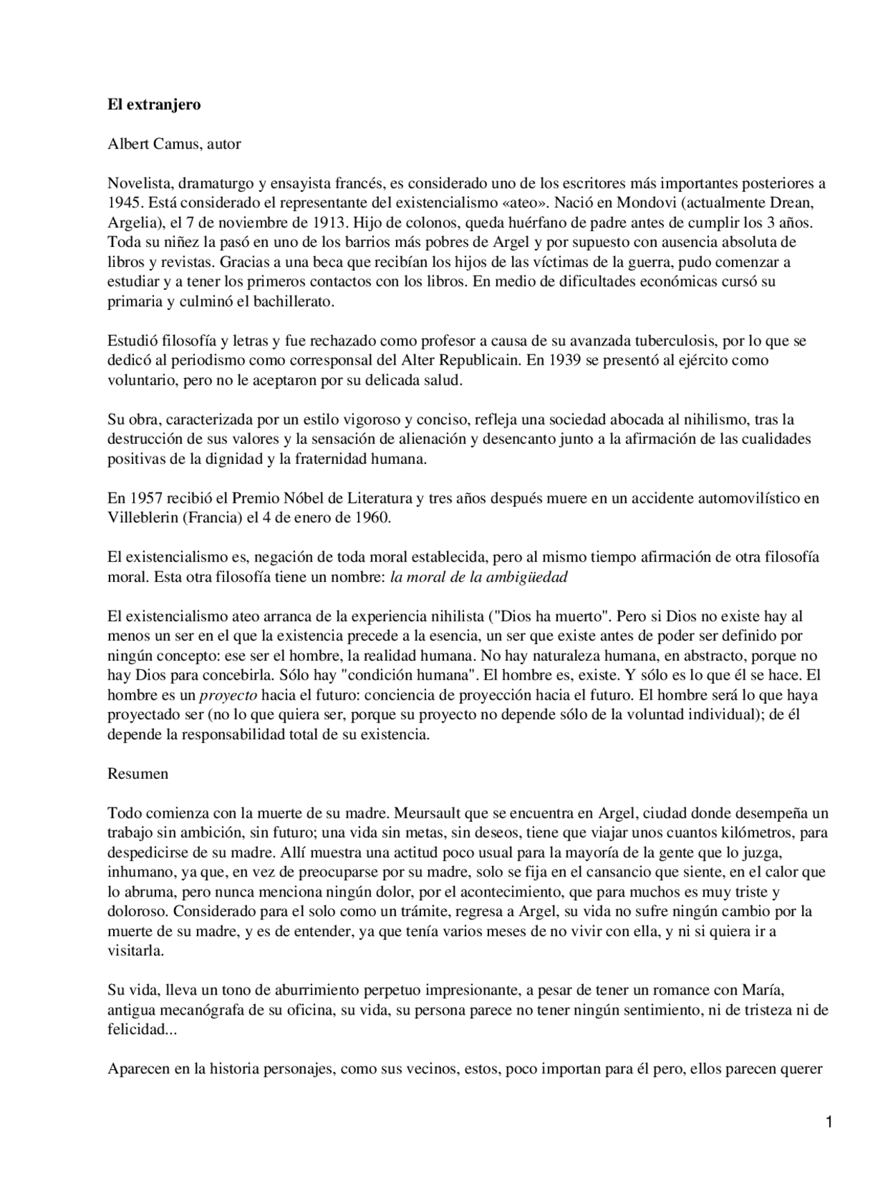El Extranjero Apuntes Literatura Docsity