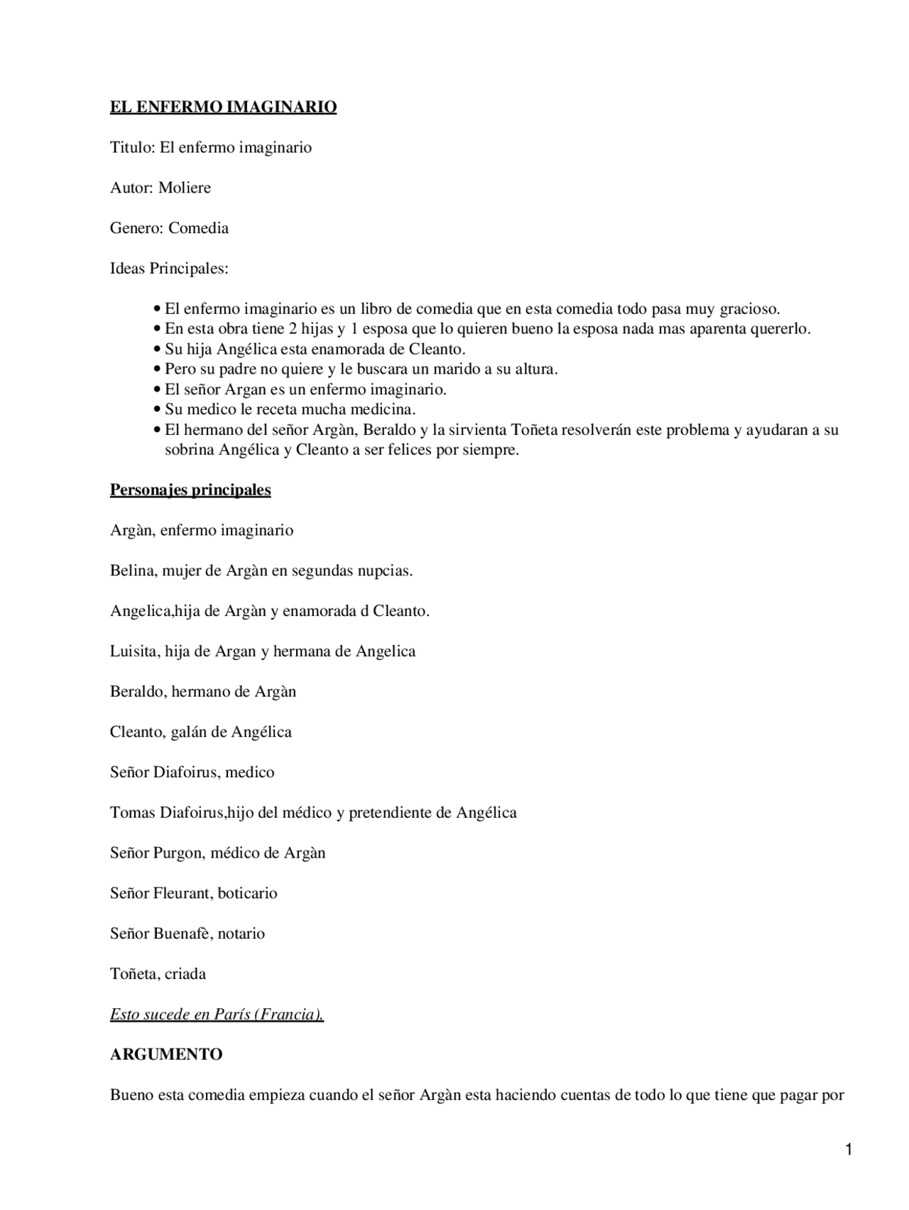 El Enfermo Imaginario Apuntes Literatura Docsity
