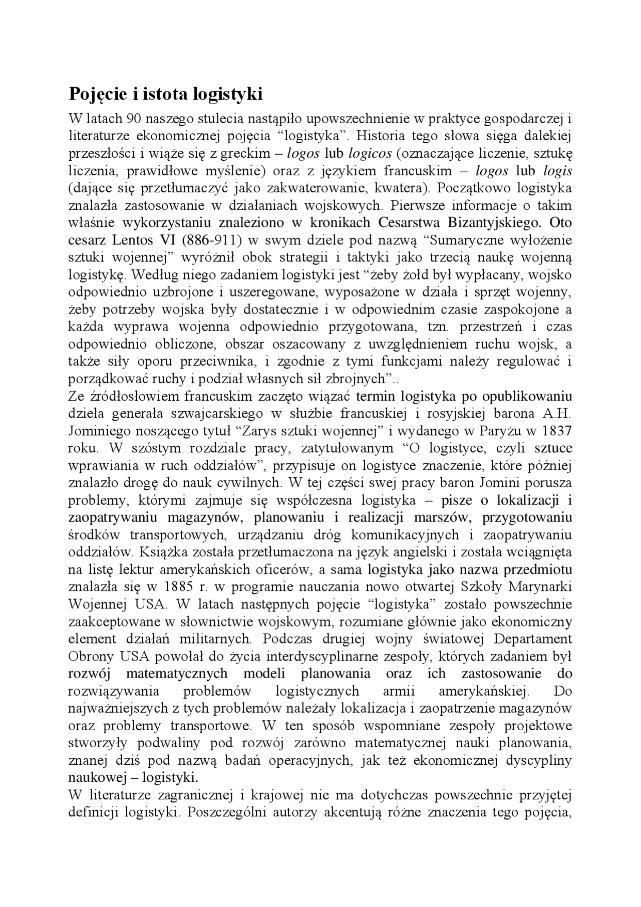 Pojęcie i istota logistyki - Notatki - Logistyka | Notatki Logistyka