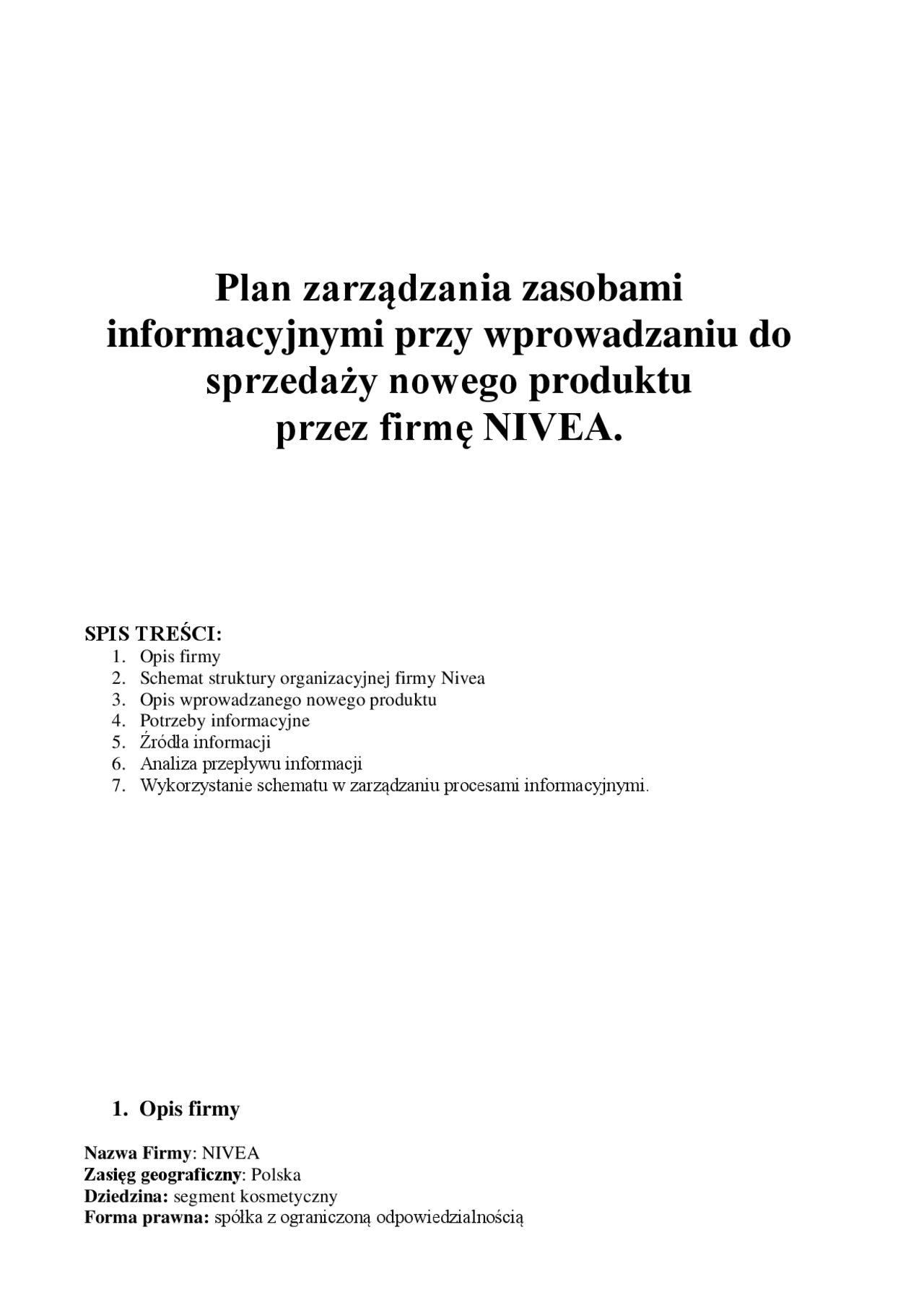 Plan zarządzania zasobami informacyjnymi - Notatki - Zarządzanie - Docsity