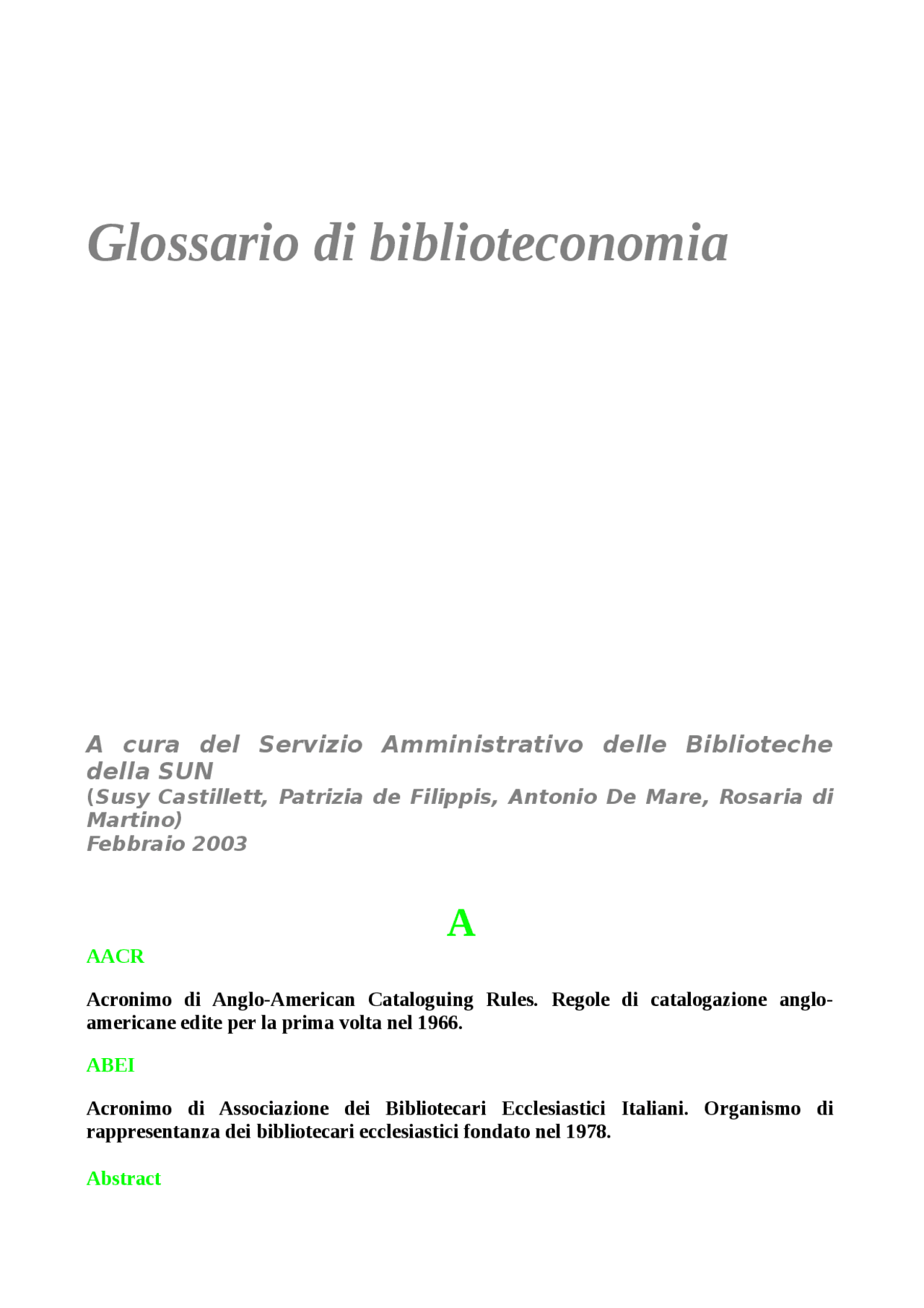 GLOSSARIO DI BIBLIOTECONOMIA Docsity
