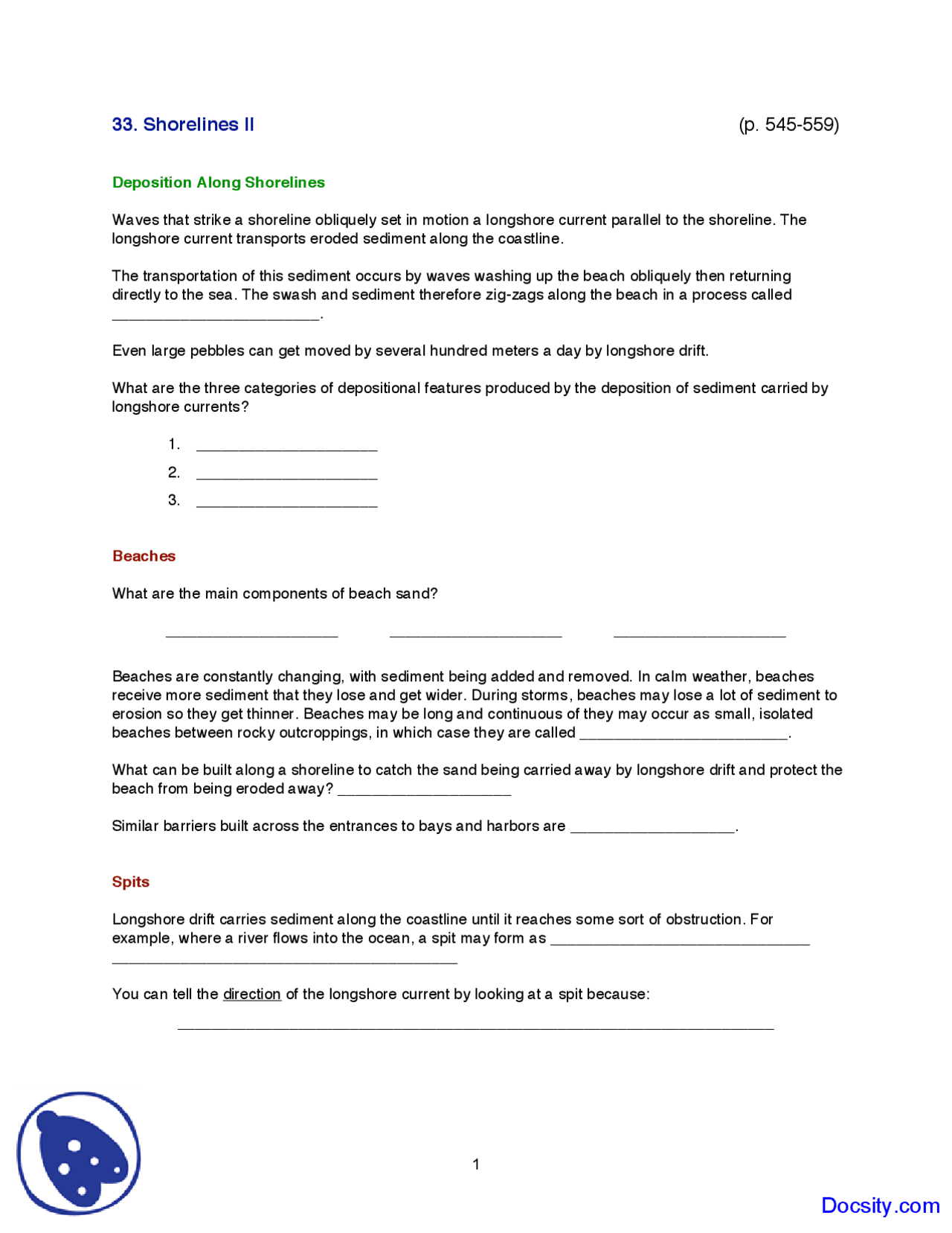 Deposition Along Shorelines - General Geology - Lecture Notes - Docsity