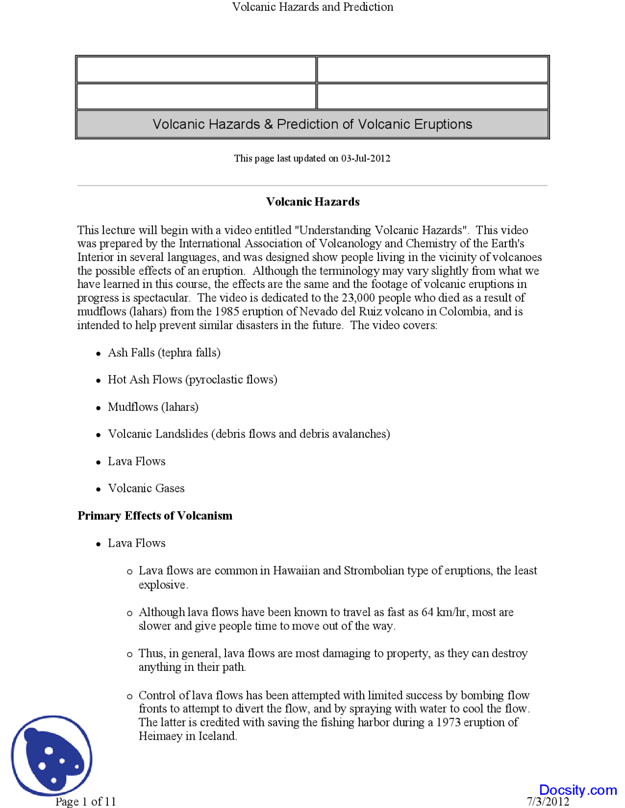 Volcanic Hazards - General Geology - Lecture Notes - Docsity