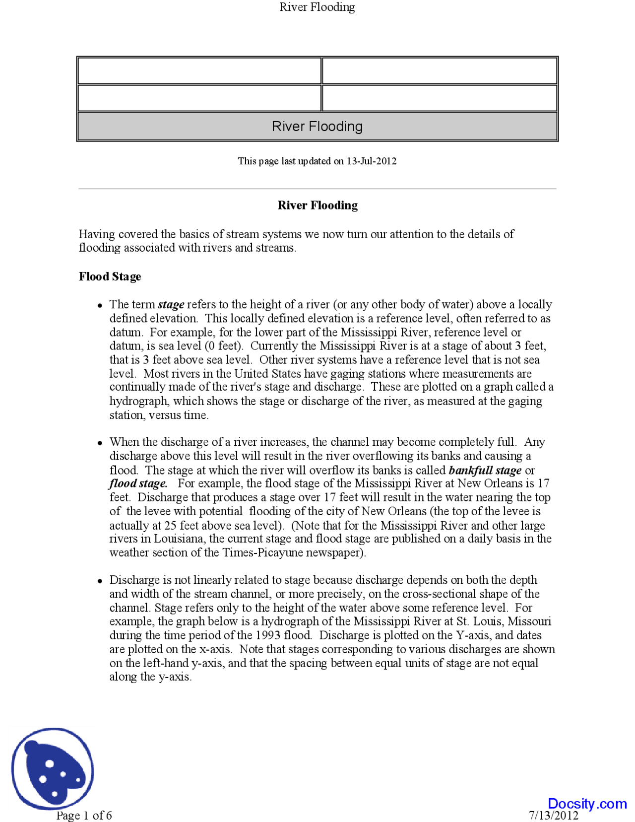 River Flooding - General Geology - Lecture Notes - Docsity