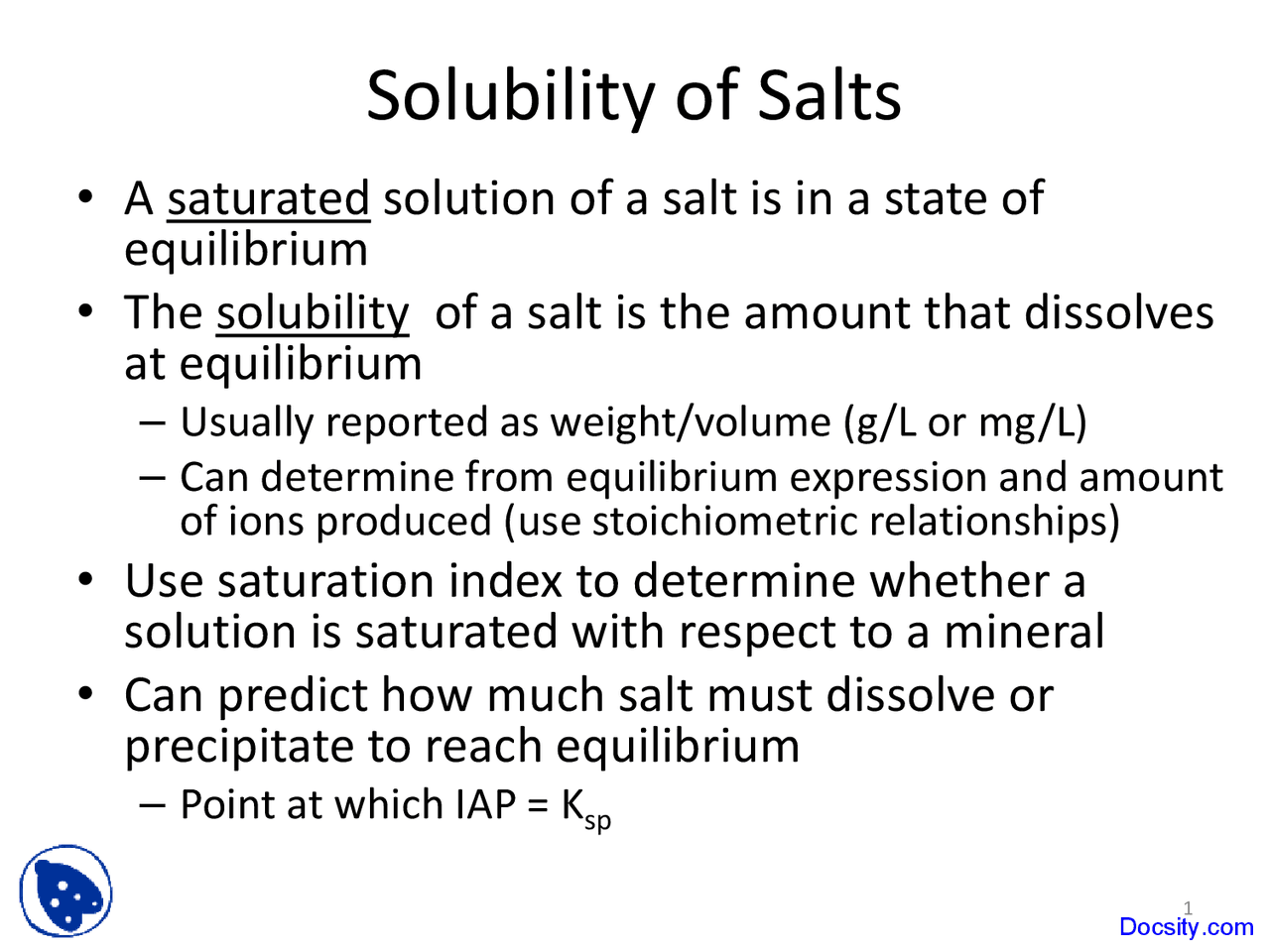 Solubility - Geochemistry I - Lecture Slides - Docsity