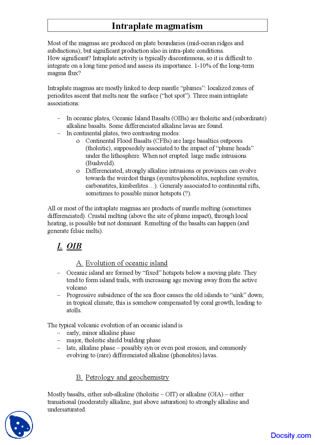 Intraplate Magmatism - Geochemistry I - Lecture Notes - Docsity