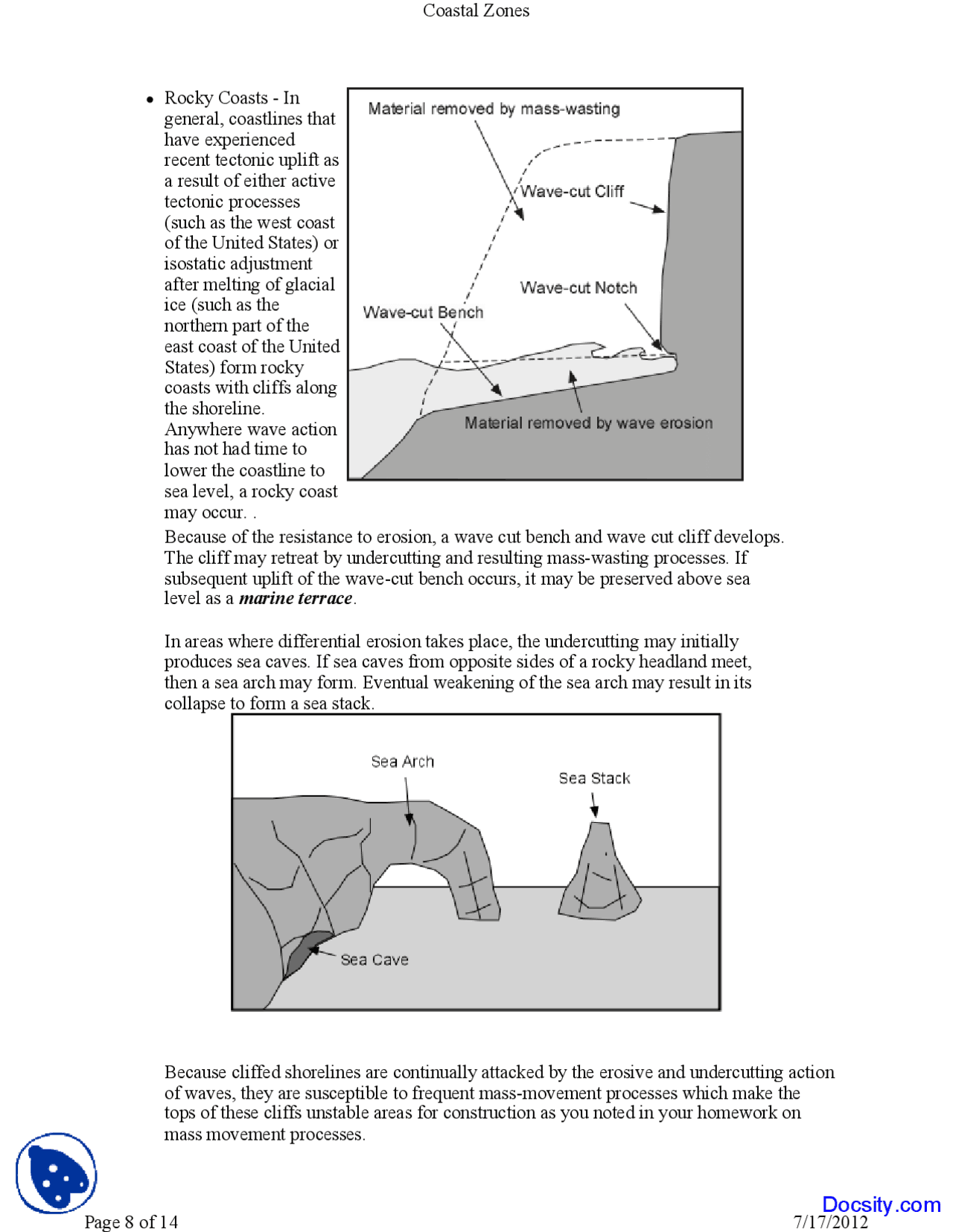 Rocky Coasts - Environmental Geology - Lecture Notes - Docsity