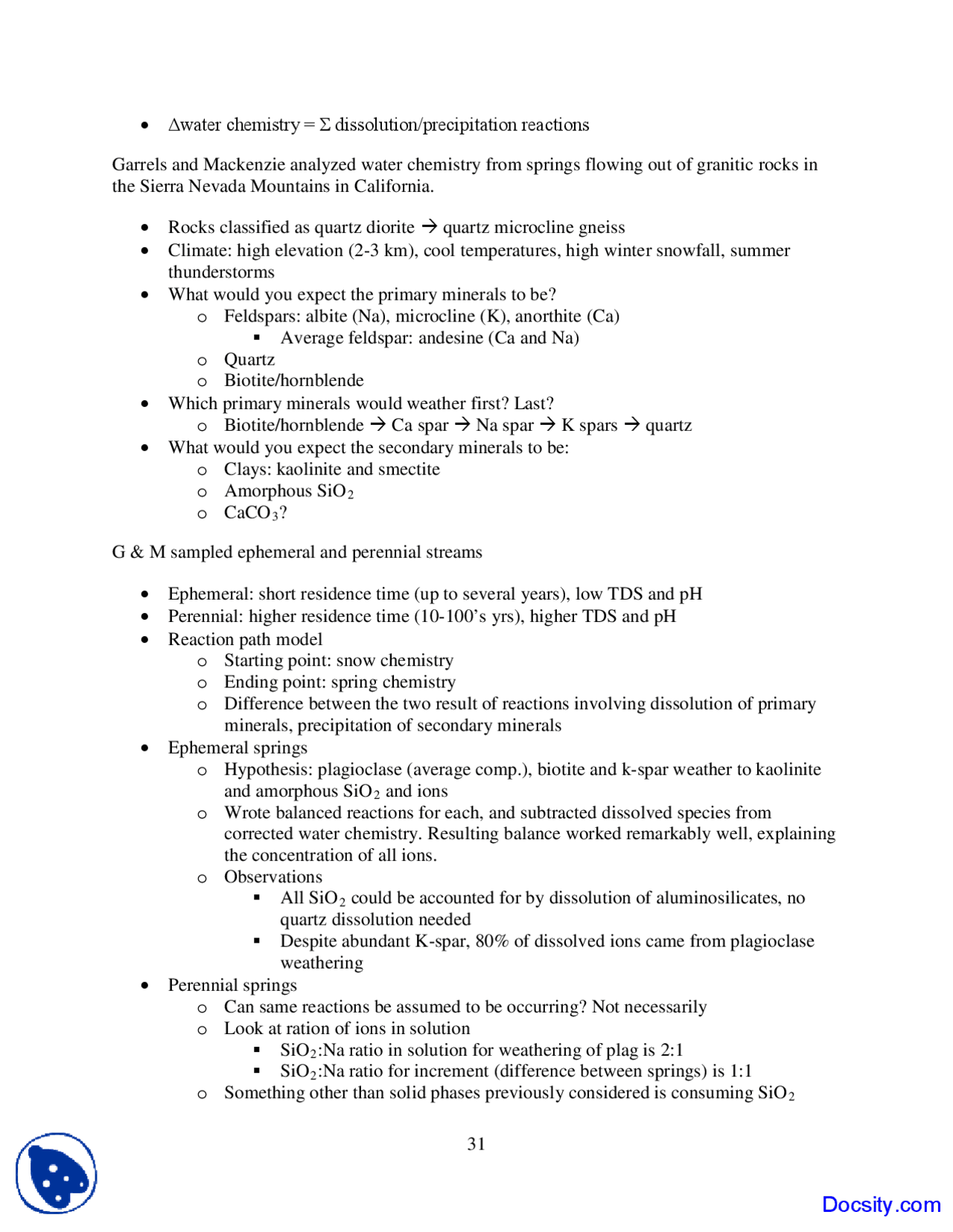 Precipitation Reactions - Geochemistry I - Lecture Notes - Docsity
