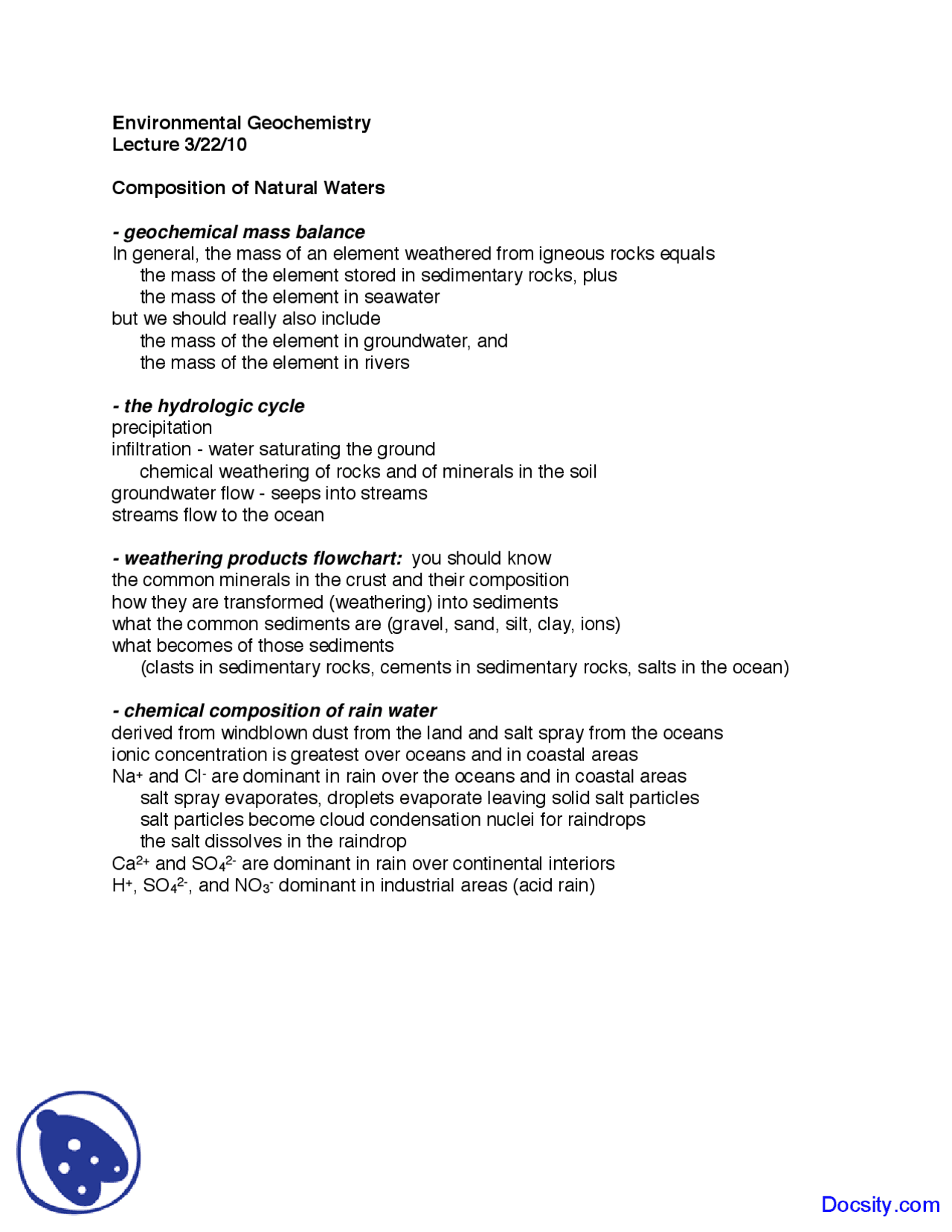 Natural Waters - Geochemistry I - Lecture Notes - Docsity