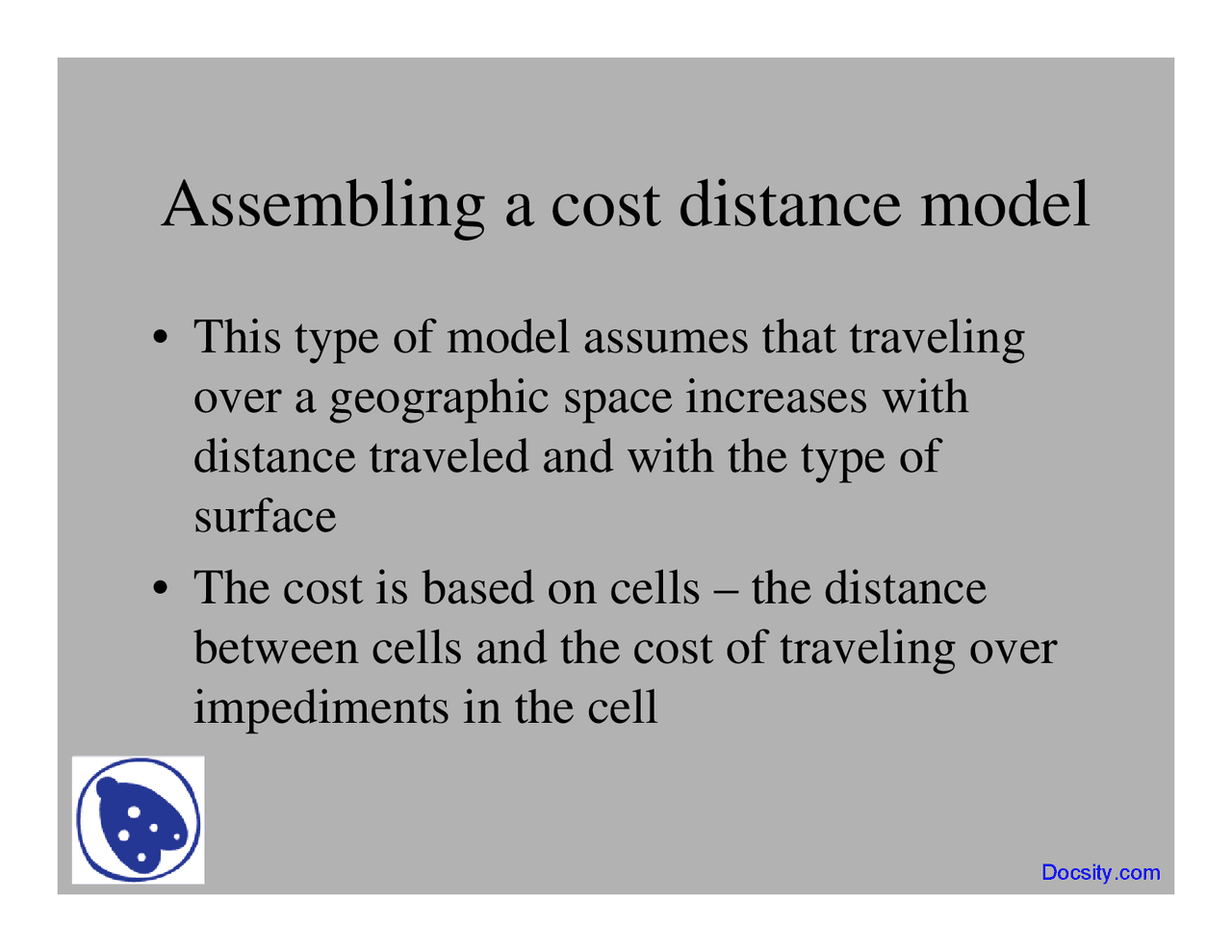 Cost Distance Model - GIS and Mapping - Lecture Slides - Docsity