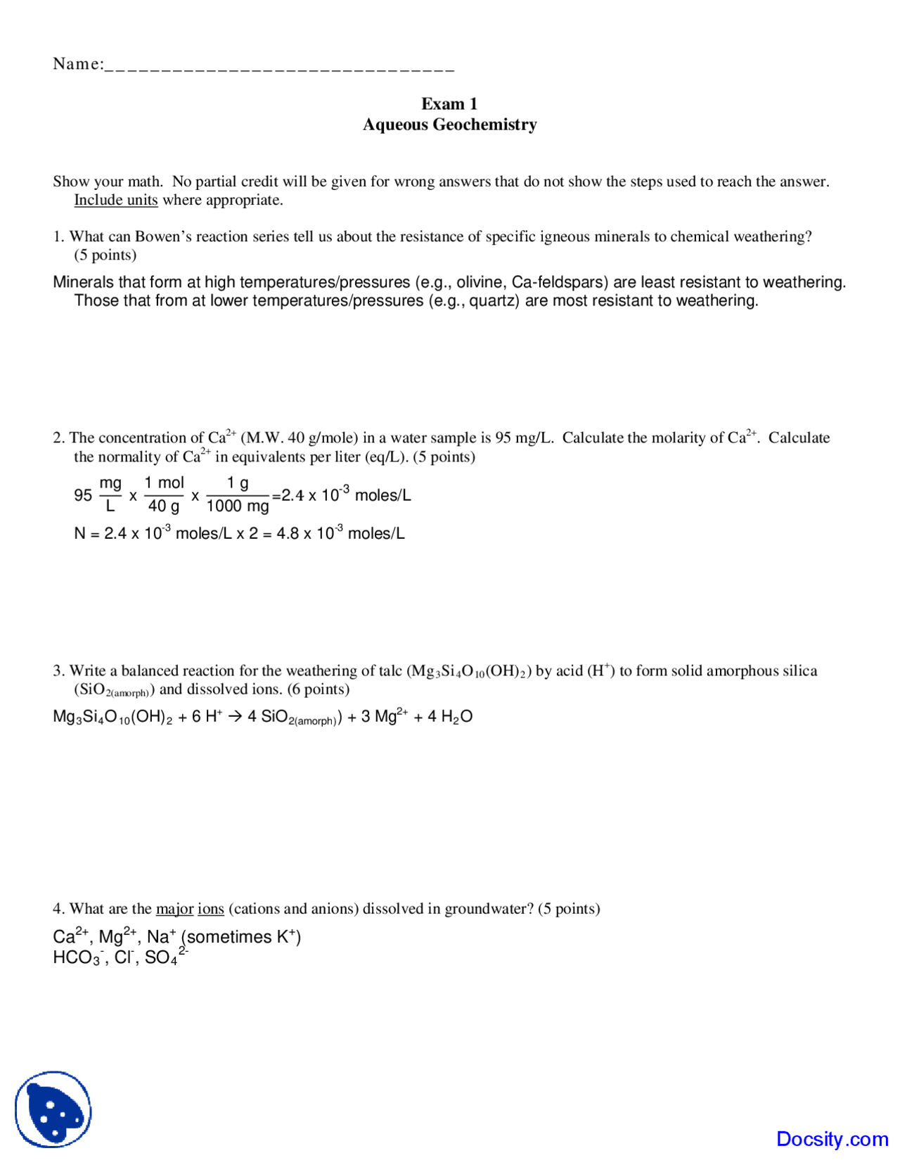 Minerals - Geochemistry I - Exam - Docsity