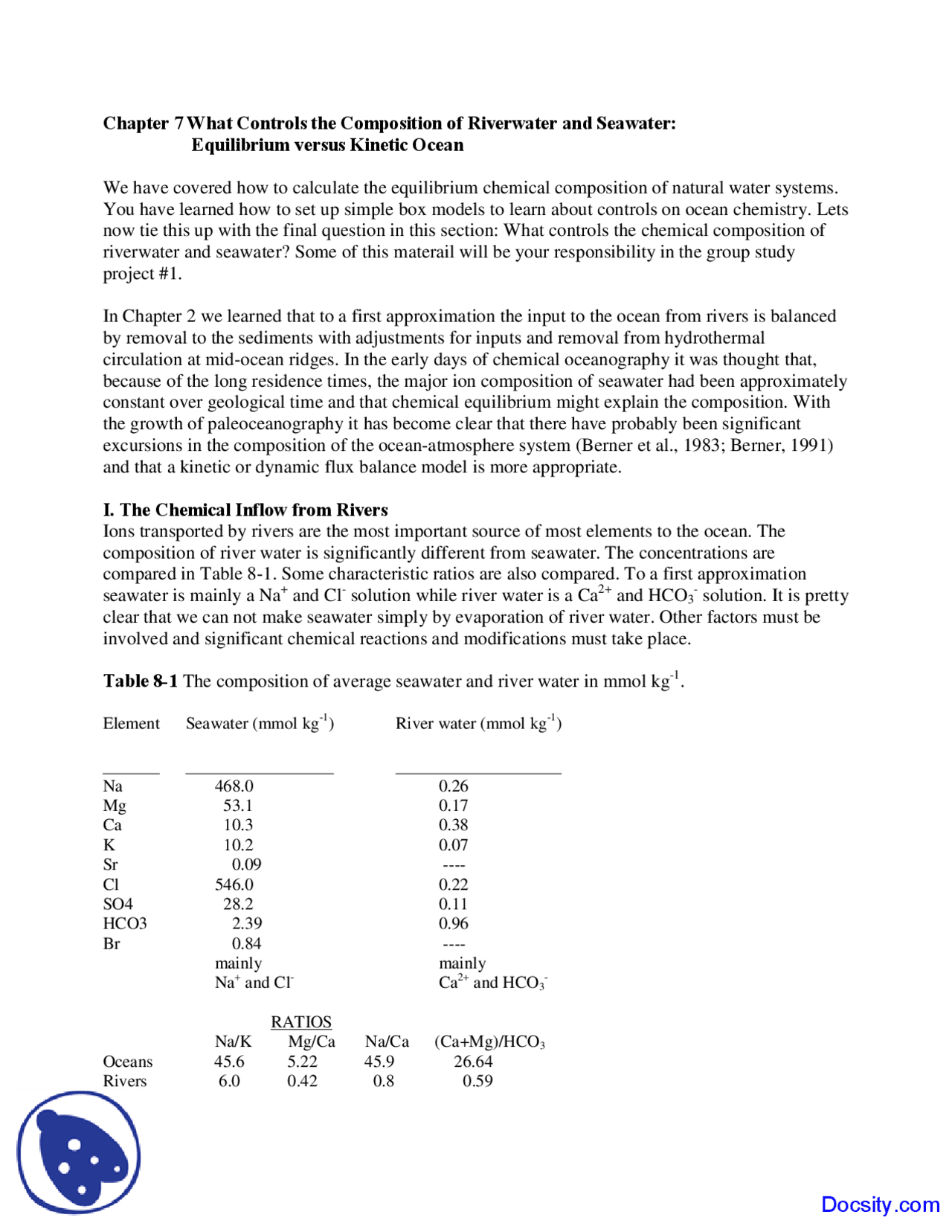 Riverwater - Geochemistry I - Lecture Notes - Docsity