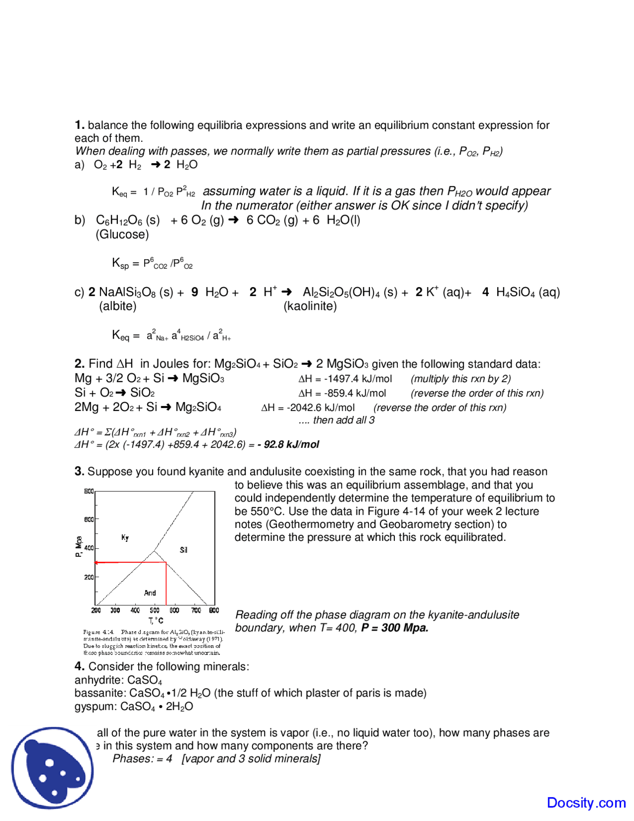 Equilibria Expressions - Geochemistry I - Lecture Notes - Docsity