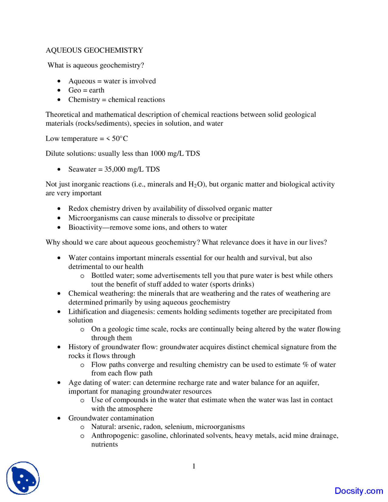 Mathematical Description - Geochemistry I - Lecture Notes - Docsity