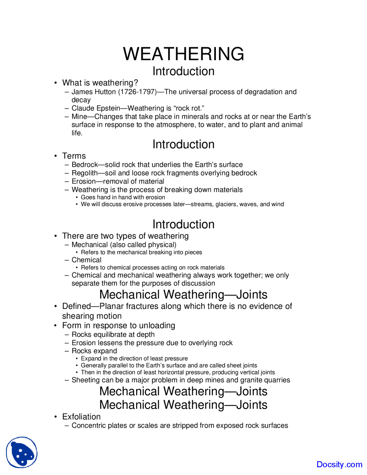 Weathering - Environmental Geology - Lecture Notes - Docsity