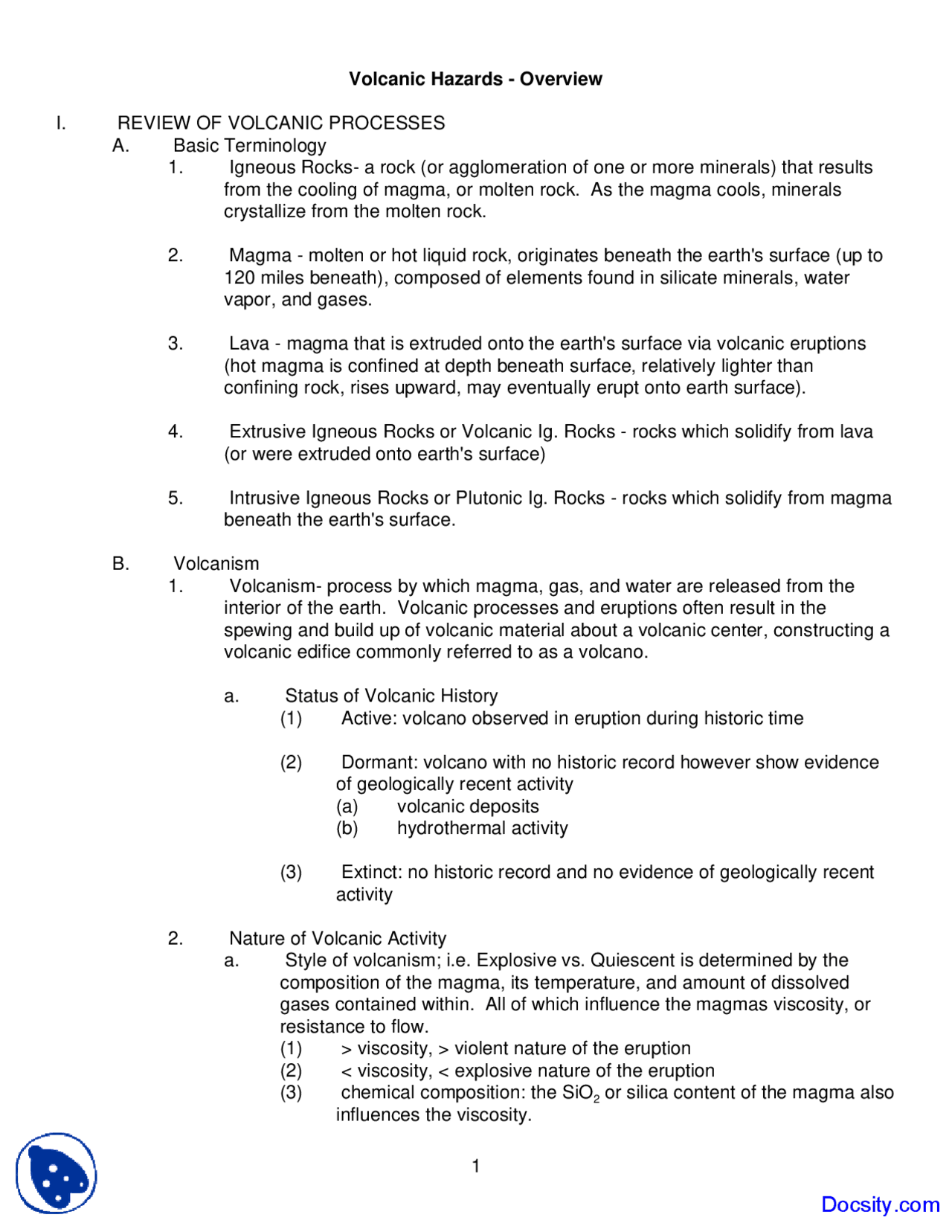 Volcanic Hazards - Environmental Geology - Lecture Notes - Docsity