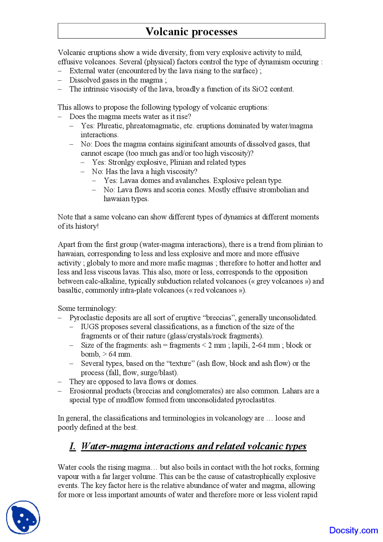 Volcanic Processes - Geochemistry I - Lecture Notes - Docsity