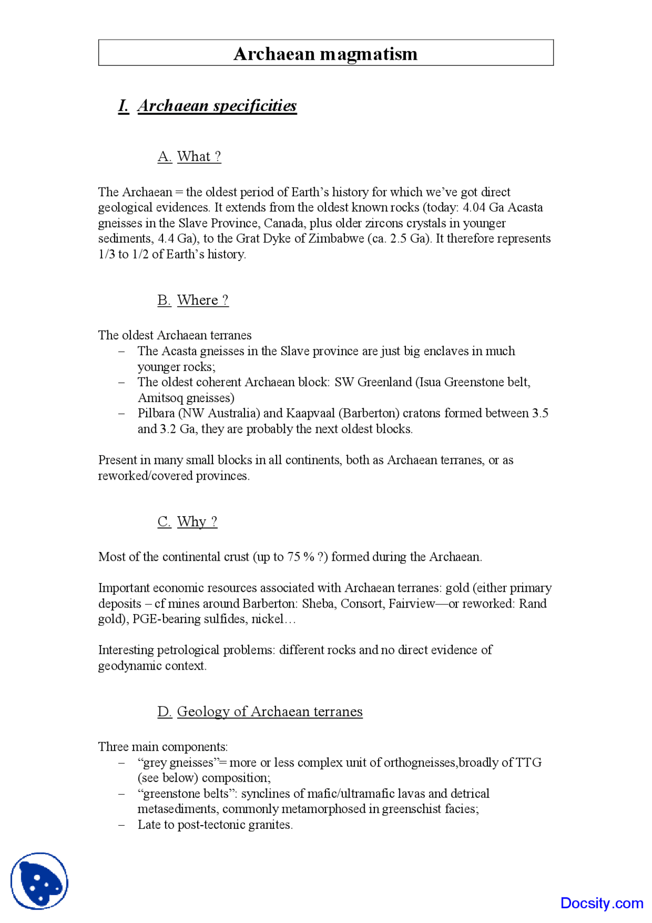 Archaean Magmatism - Geochemistry I - Lecture Notes - Docsity