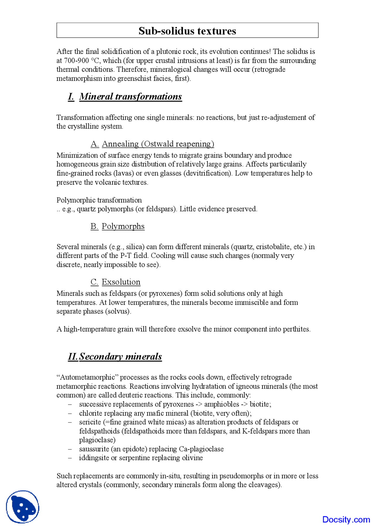 Solidus Textures - Geochemistry I - Lecture Notes - Docsity