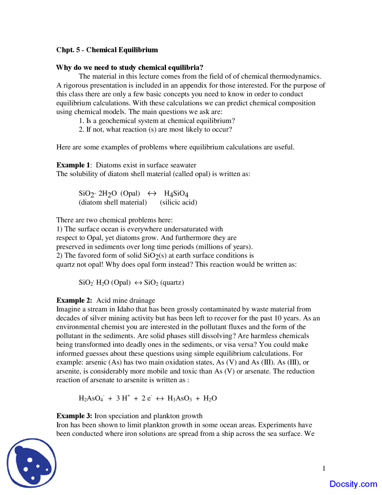 Chemical Equilibrium - Geochemistry I - Lecture Notes - Docsity