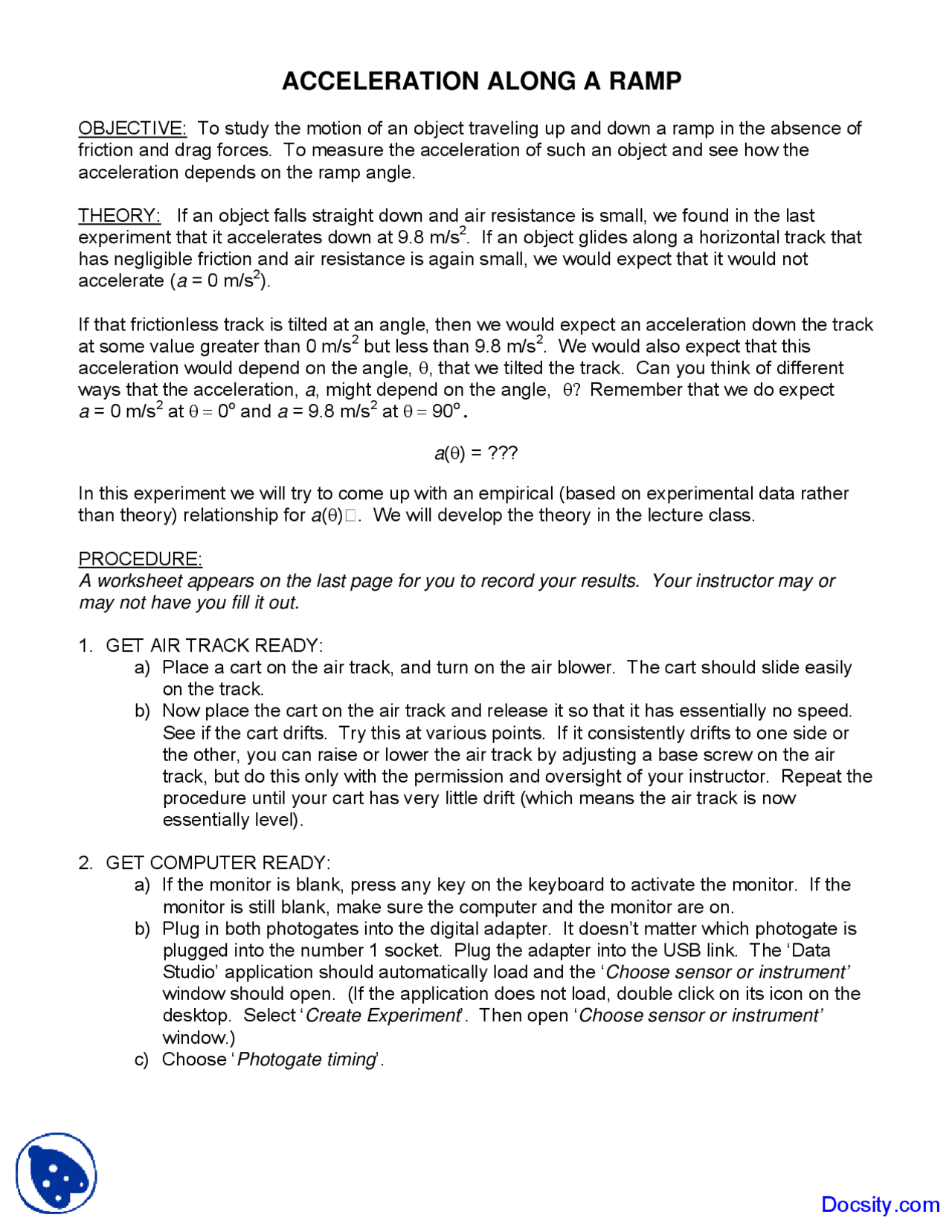 Ramp Acceleration - General Physcis I - Lab Handout - Docsity